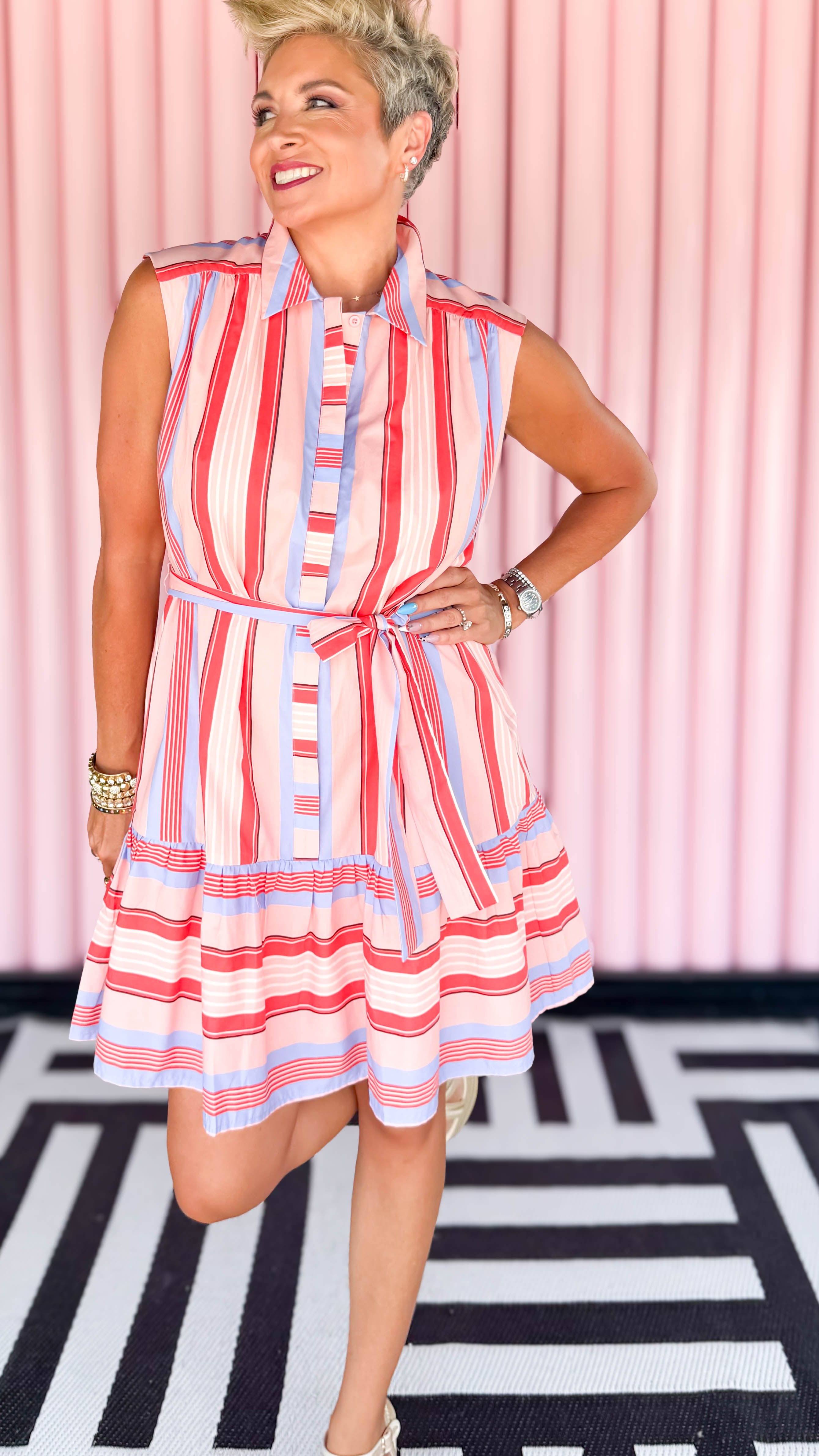 Multi Sleeveless Striped Shirt Dress