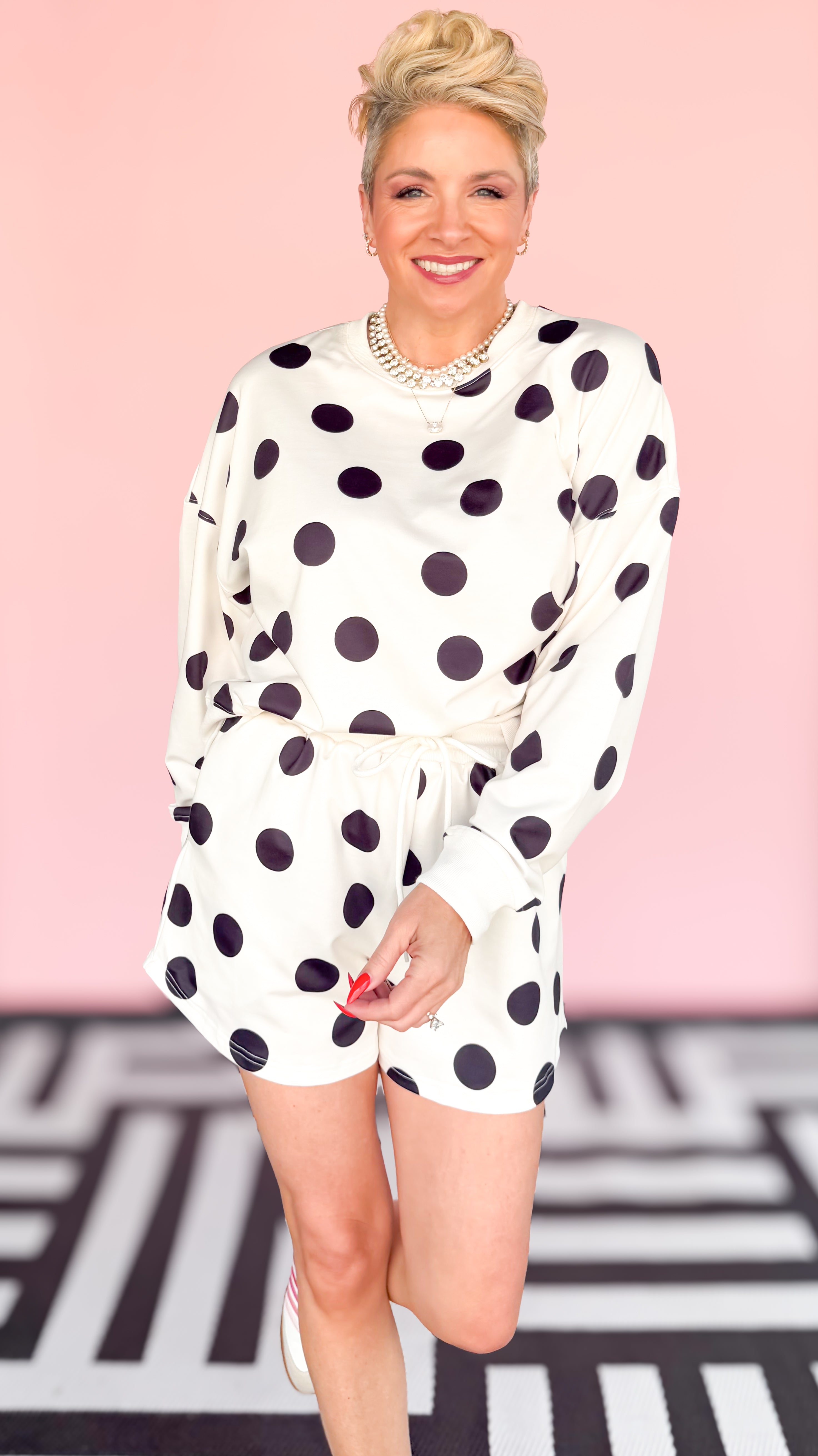 Polka dot print pullover shorts set worn on model - detail view - BLVD Boutik