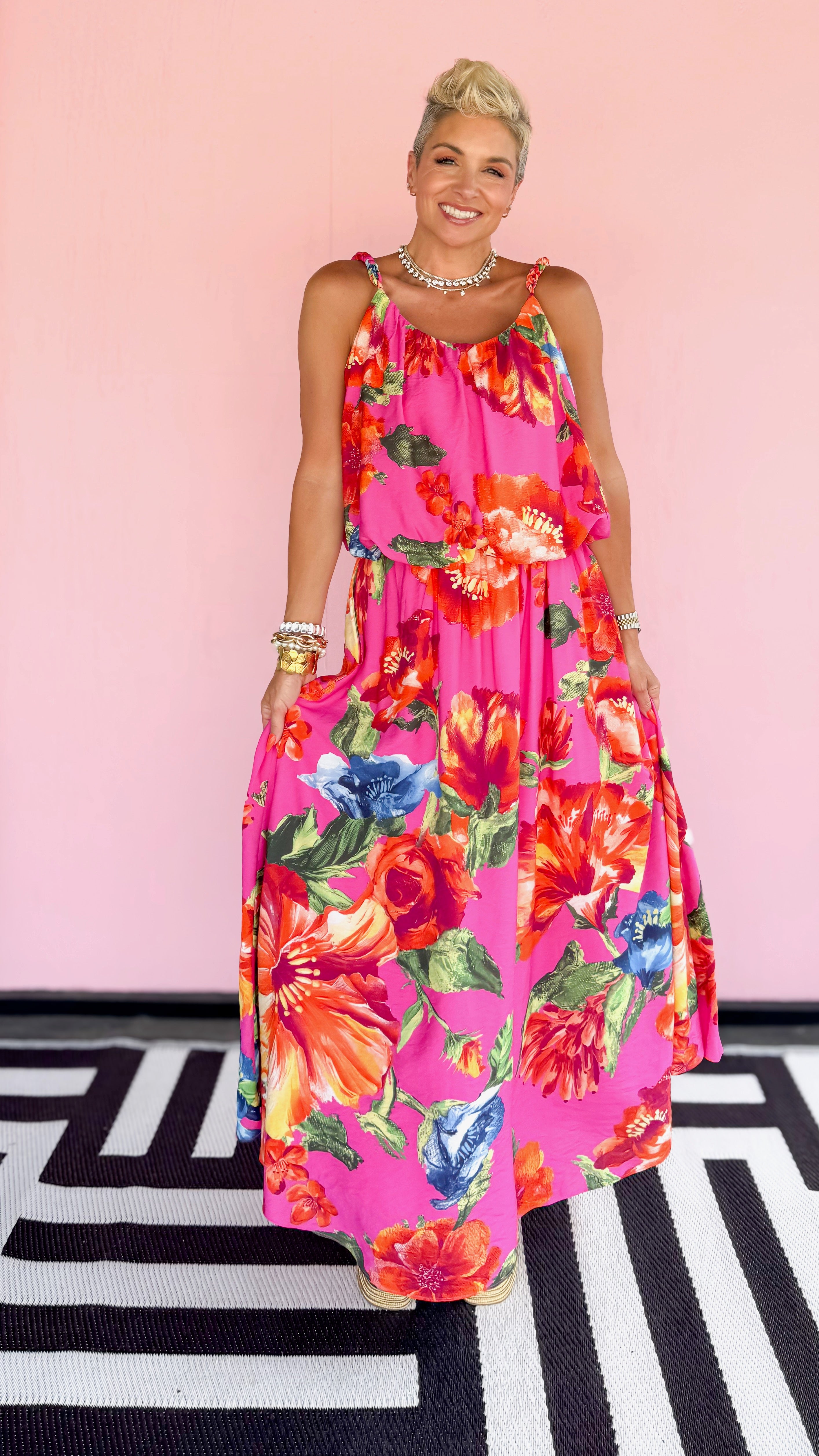 Braided Strap Floral Top/Magenta