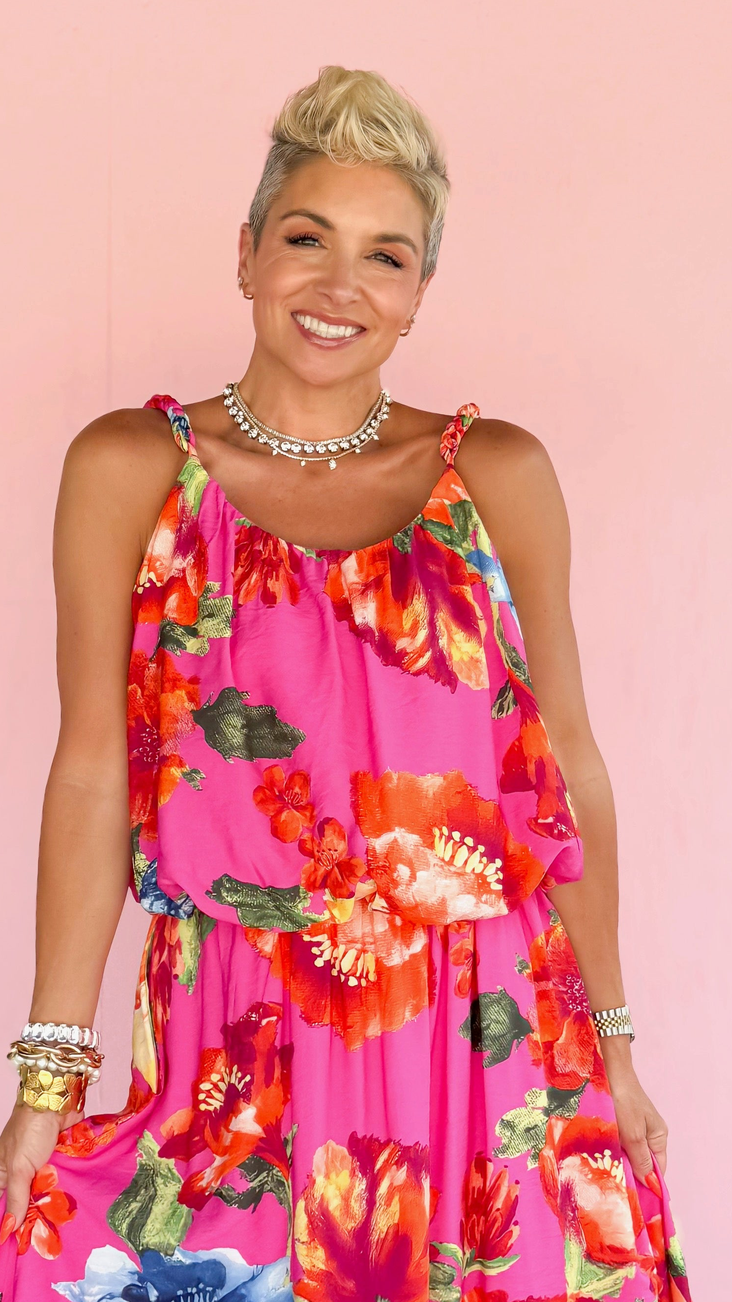 Braided Strap Floral Top/Magenta
