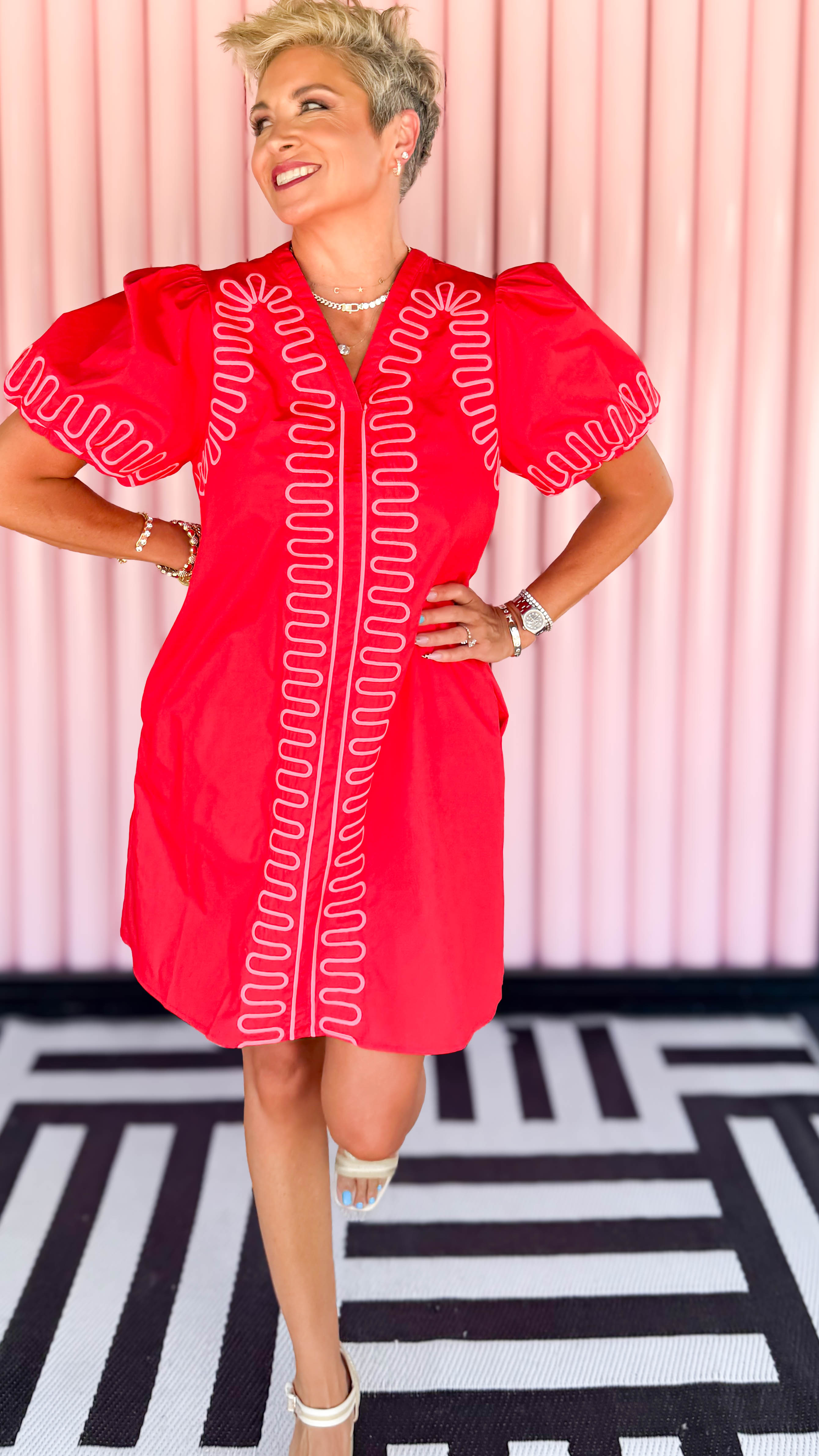 Squiggle Embroidery Mini Dress/Red
