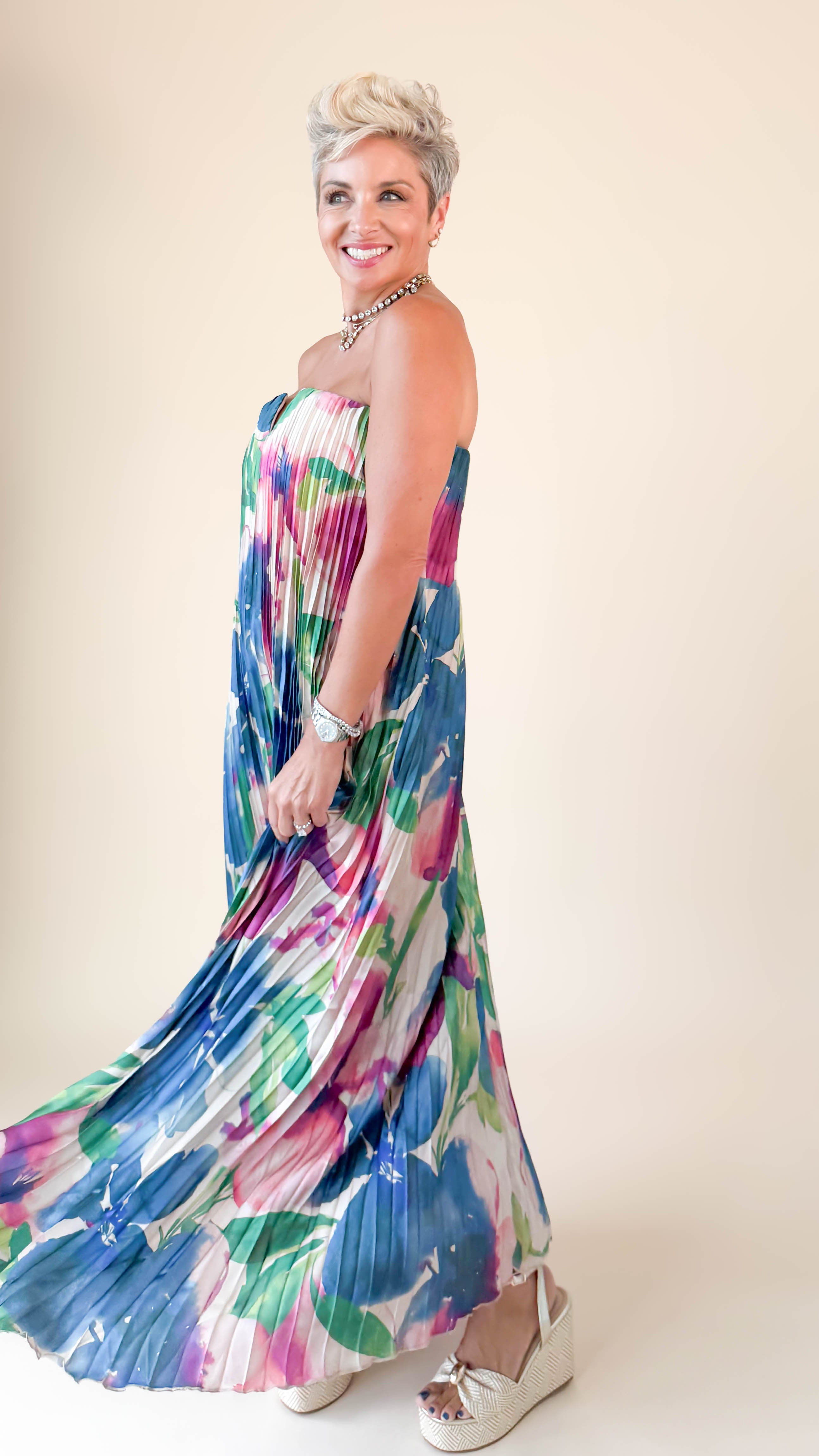 Strapless Pleated Midi Dress/Lapis Bloom