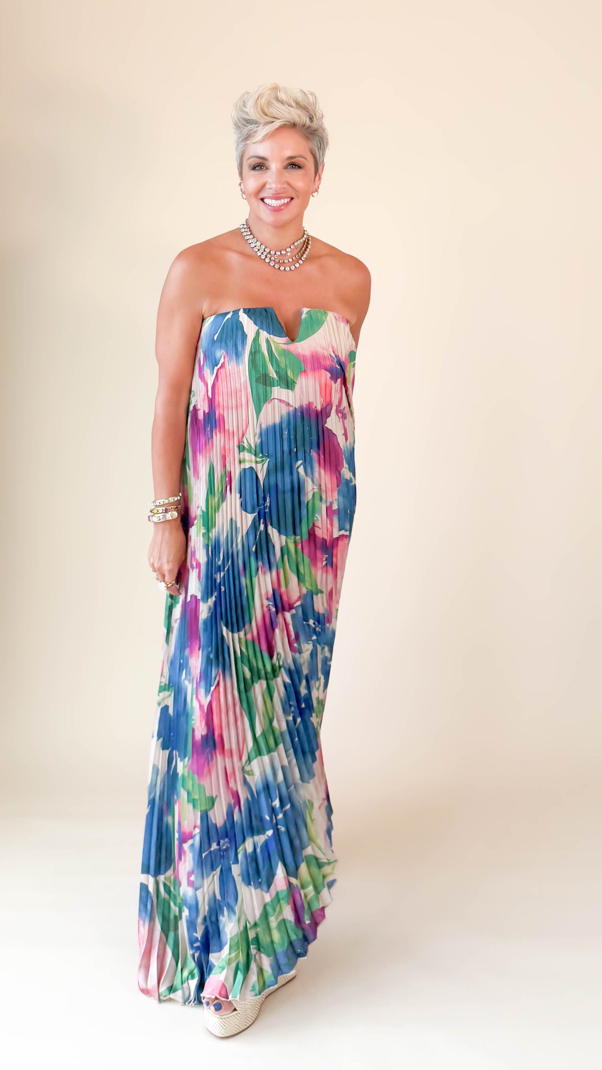 Strapless Pleated Midi Dress/Lapis Bloom
