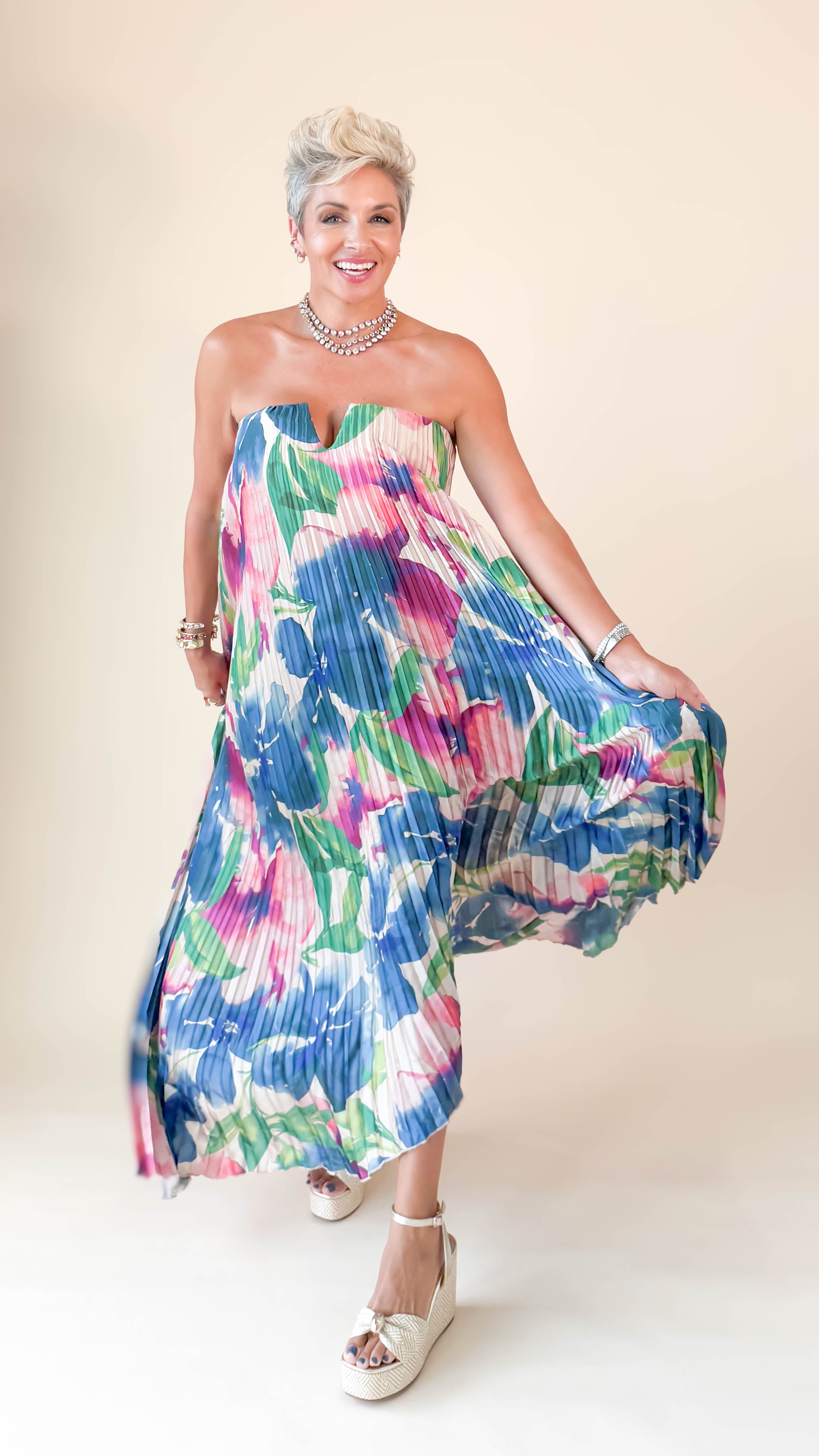 Strapless Pleated Midi Dress/Lapis Bloom