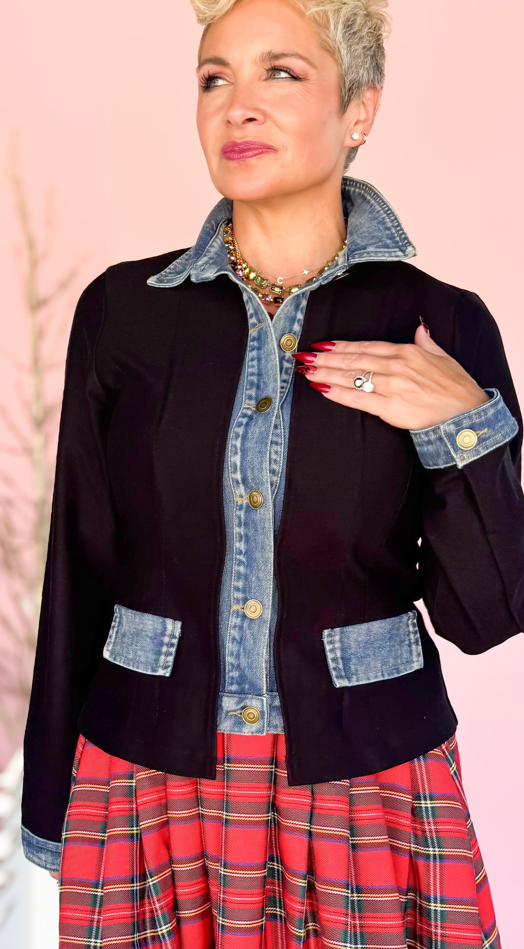 Denim Mixed Stretch Knit Jacket