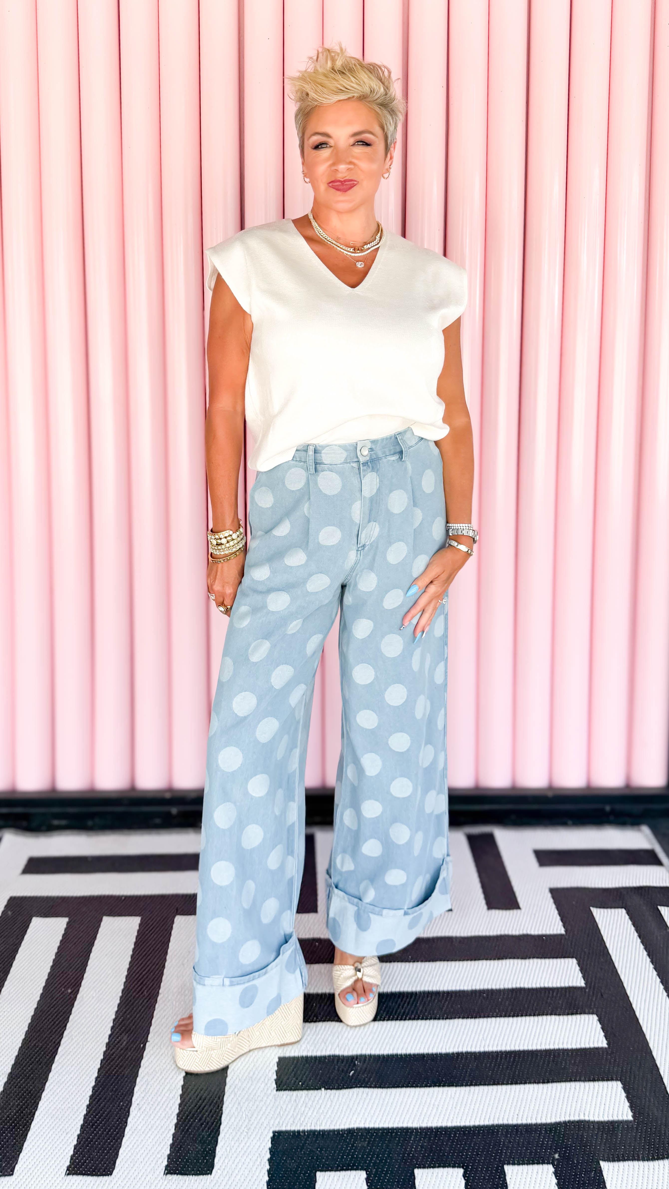 Polka Dot Wide Leg Denim Pants