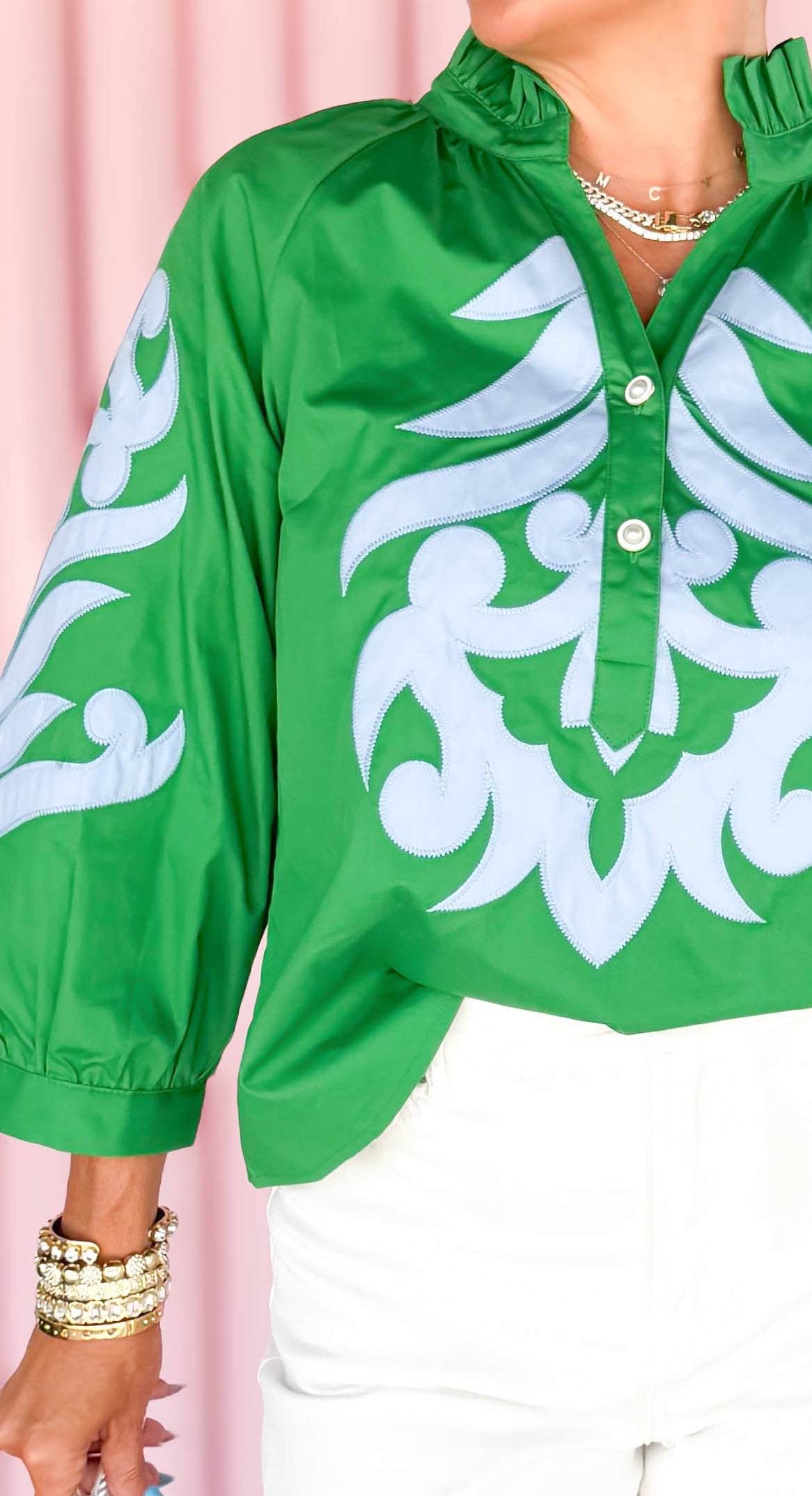 Lauren Long Sleeve Appliqué Top/Green