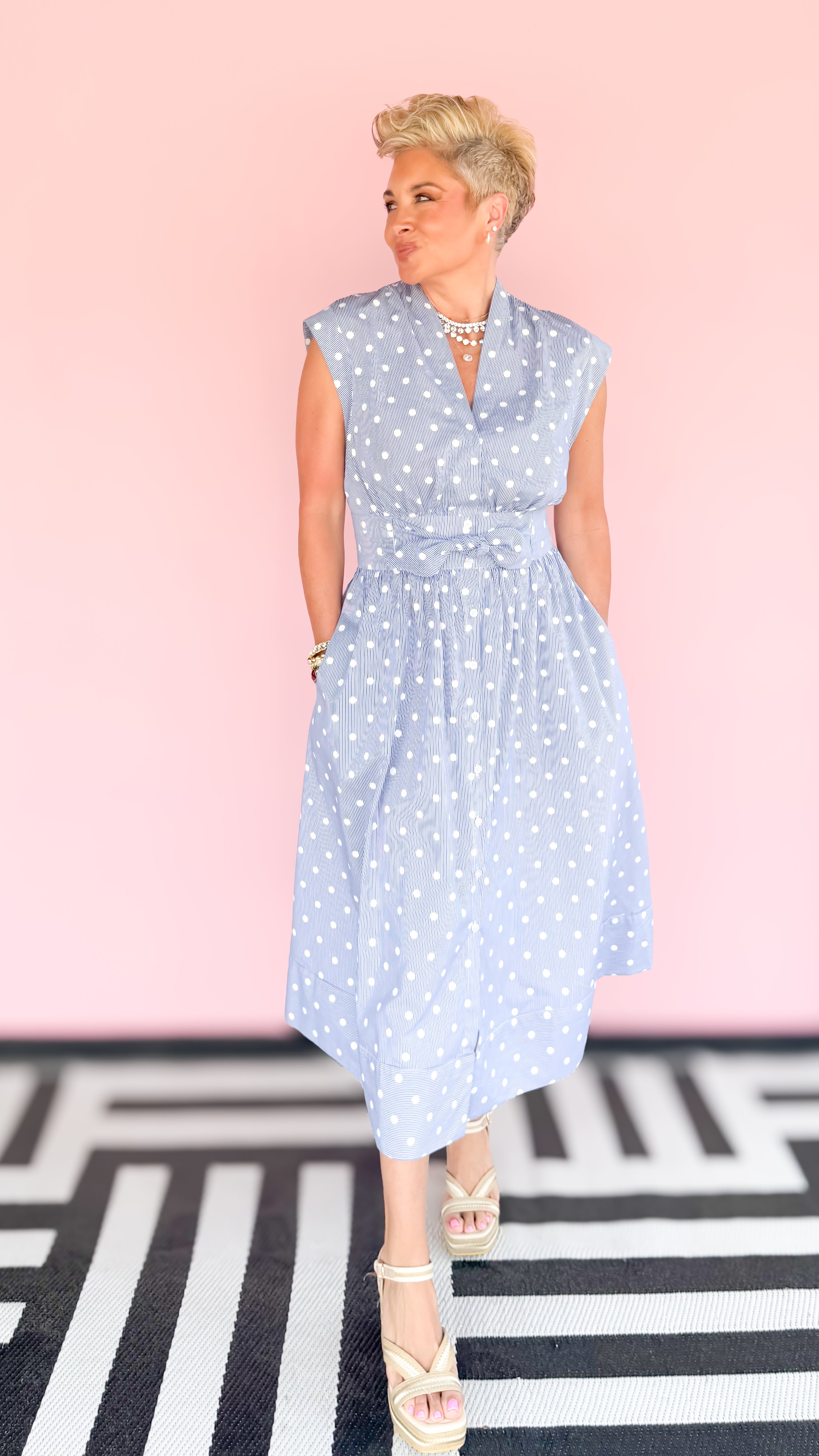 Pin Stripe Polka Dot Midi Dress/Blue - The BLVD