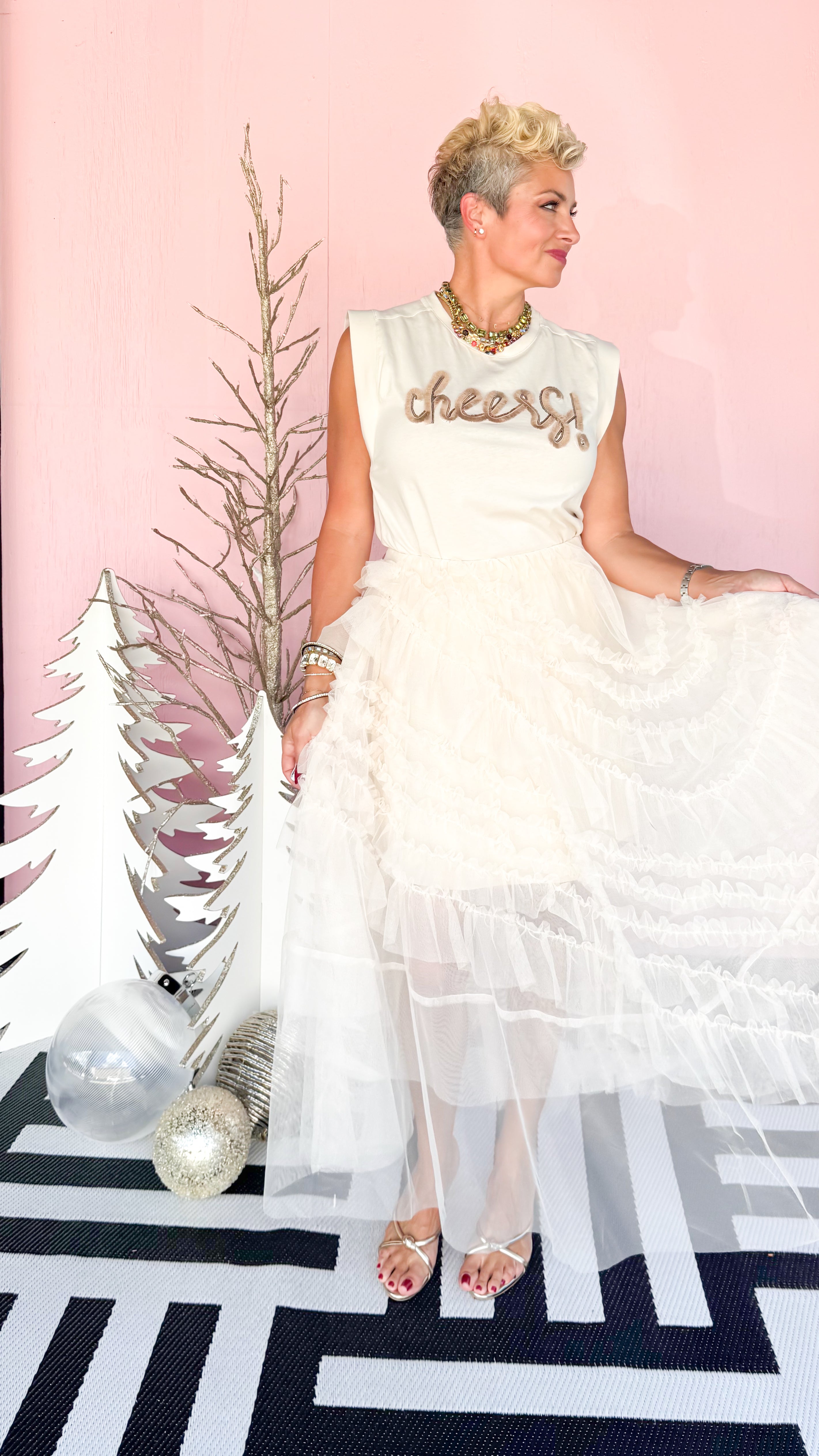 CHEERS Sequin & Fringe Tee/Cream