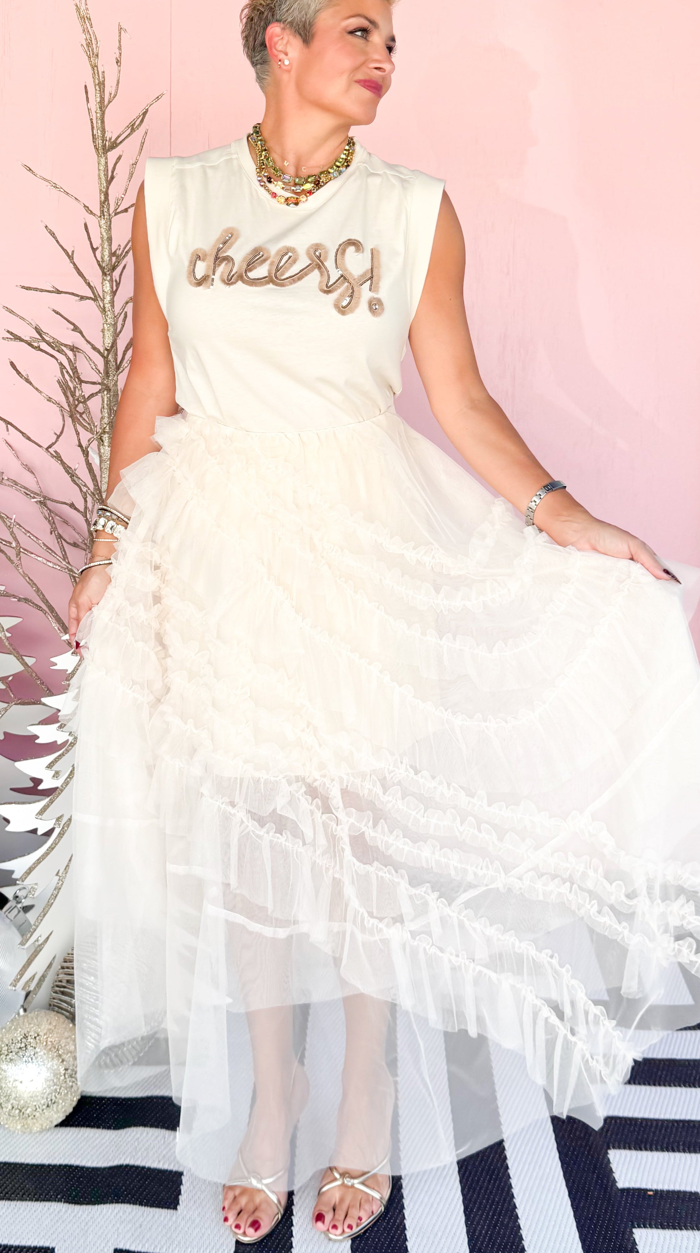 Ruffle Tulle Mesh Midi Skirt/Cream