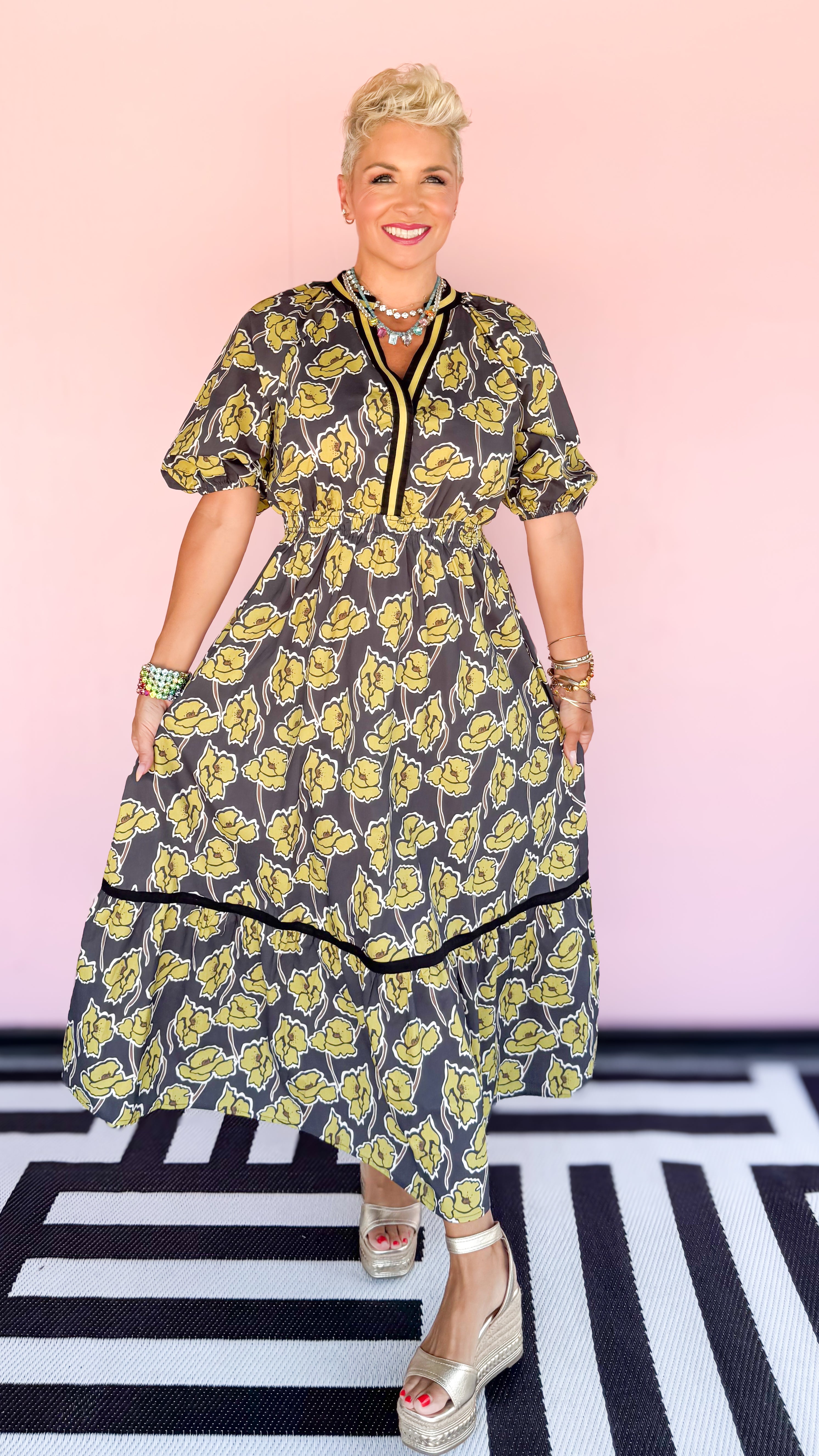 Cindy Floral Puff Sleeve Dress/Black