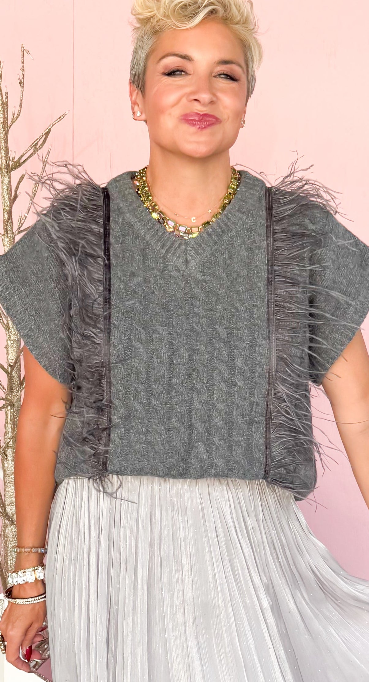 Sonya Sweater w/Feathers/Grey