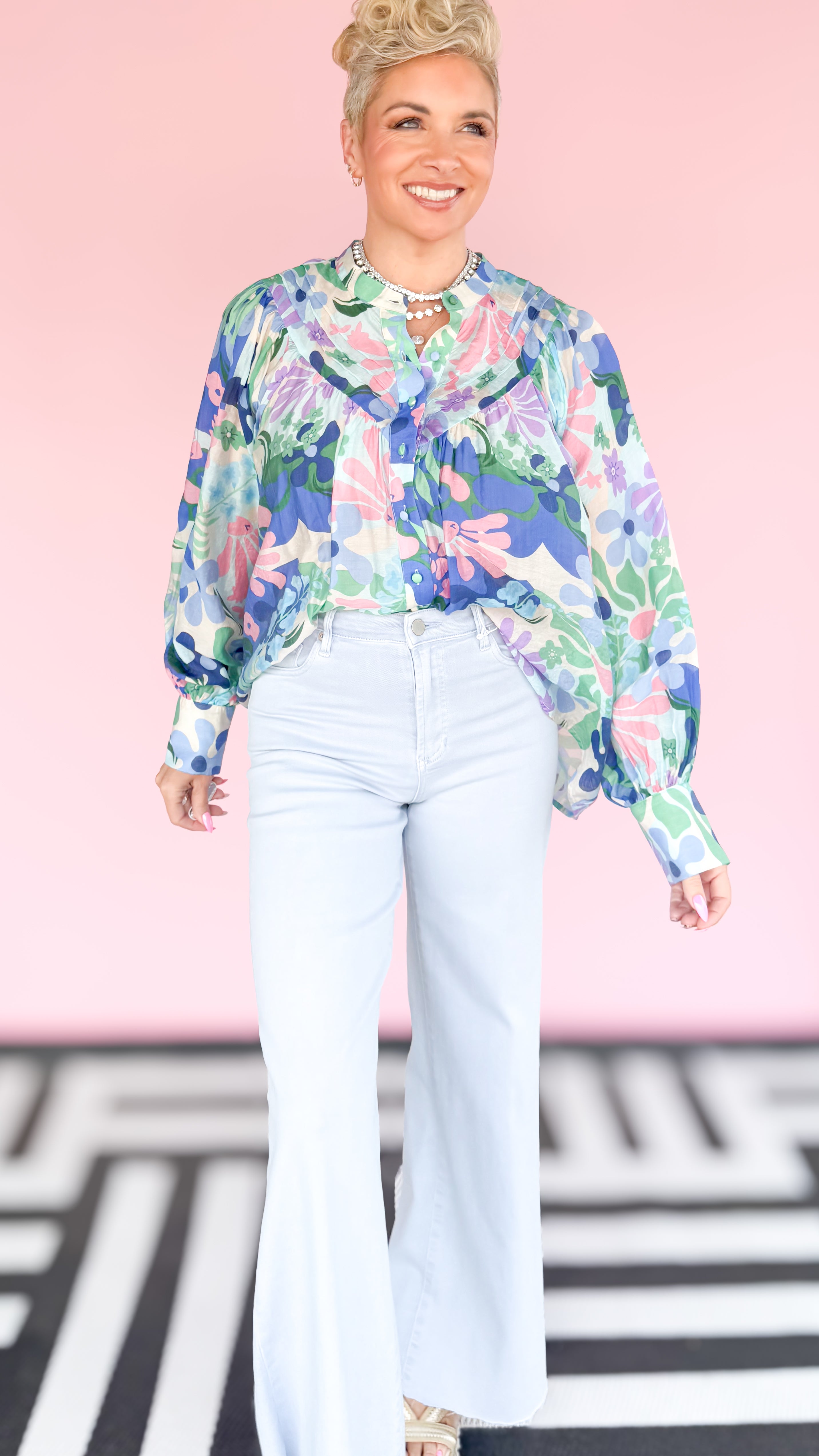Retro Floral Ocean Blue Blouse - The BLVD