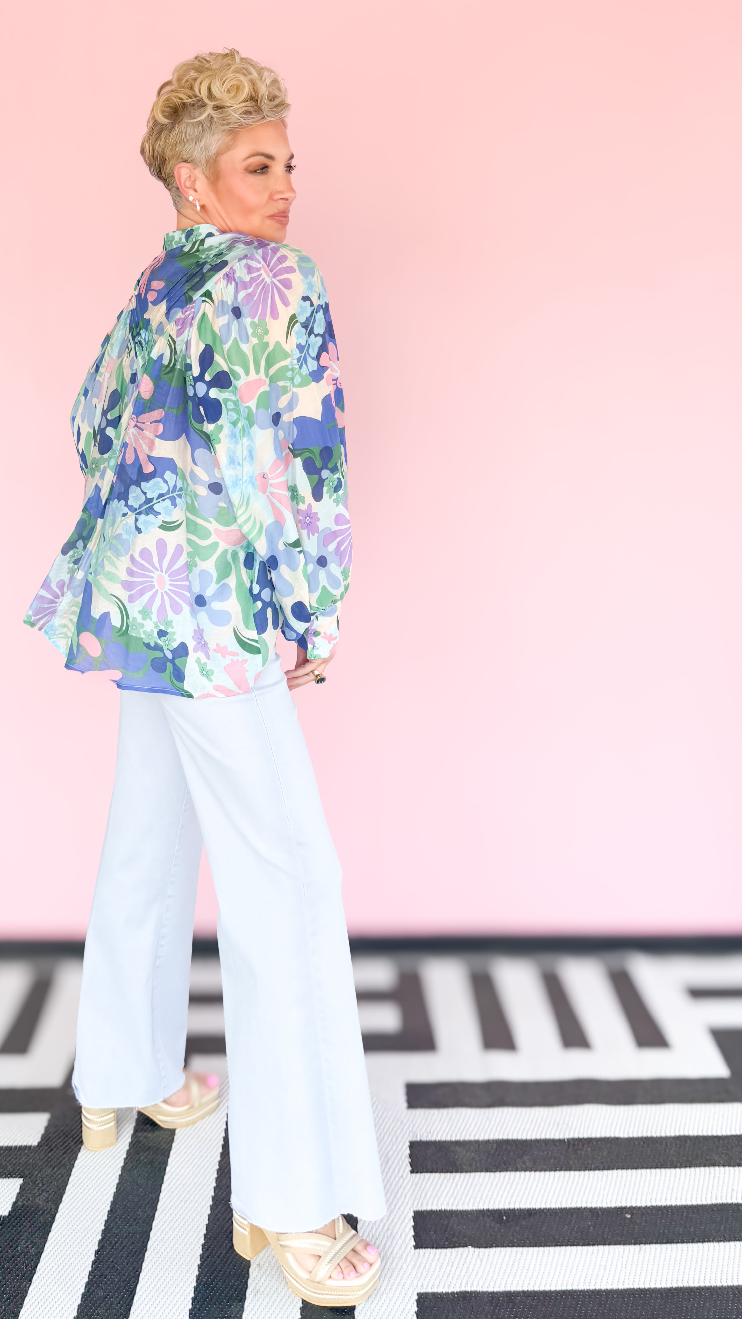 Retro Floral Ocean Blue Blouse - The BLVD