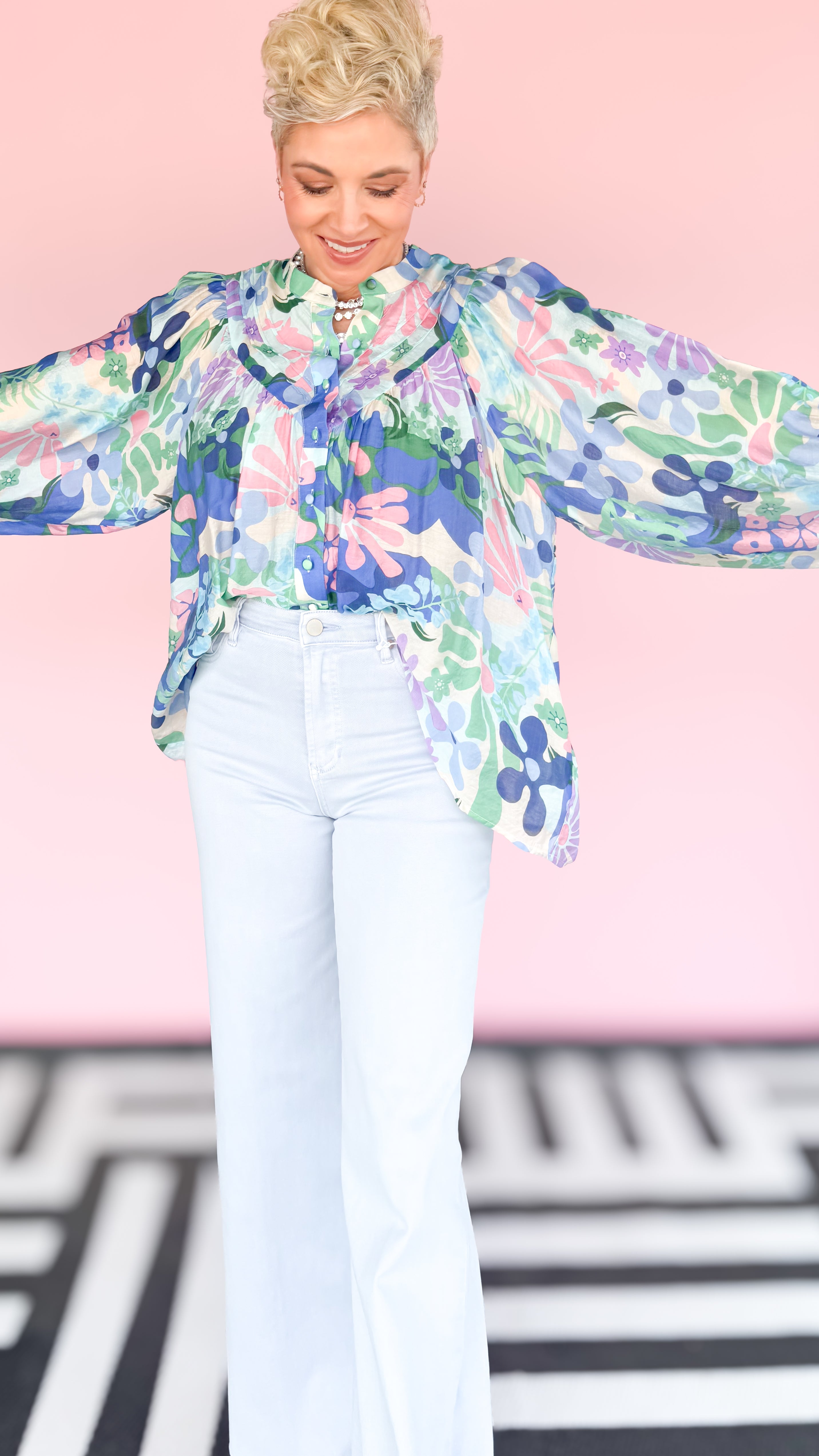 Retro Floral Ocean Blue Blouse - The BLVD