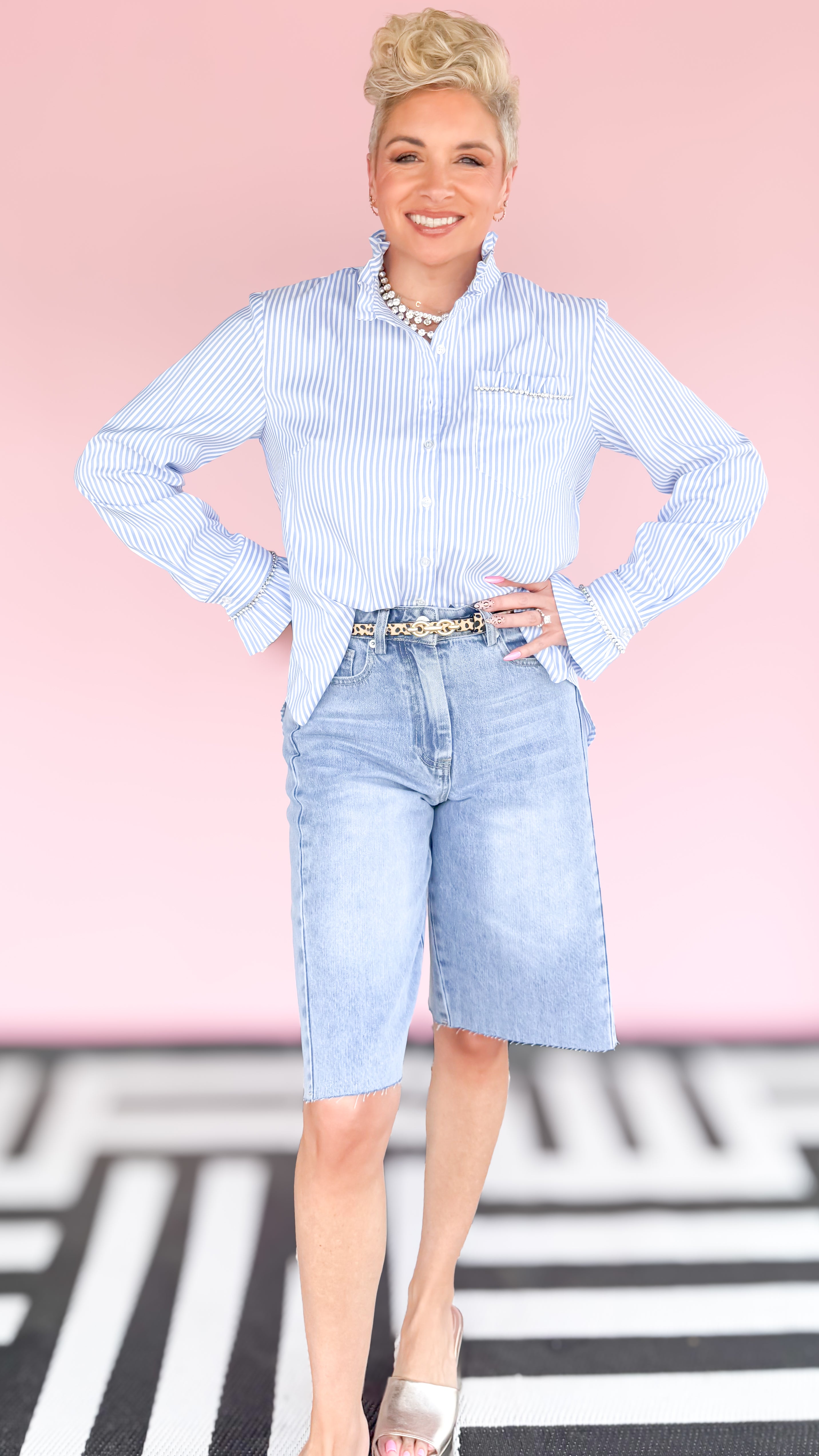 Pinstripe Rhinestone Blouse/Blue - The BLVD