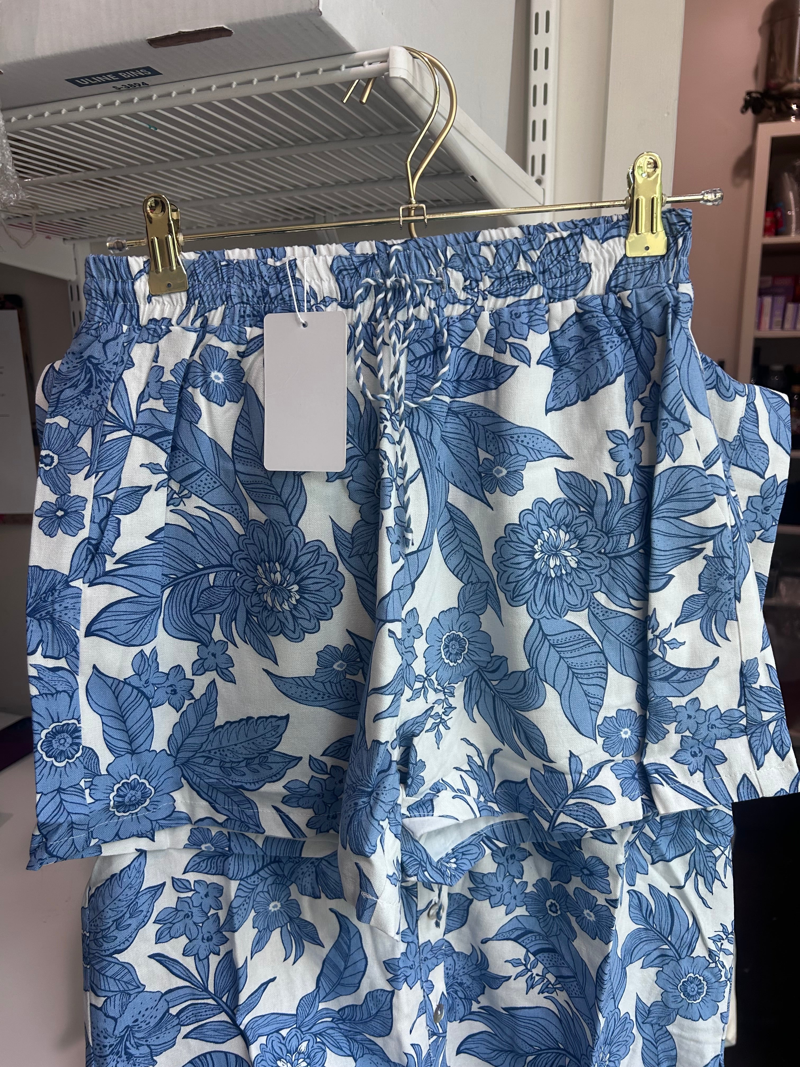 Blue Floral Linen Shorts