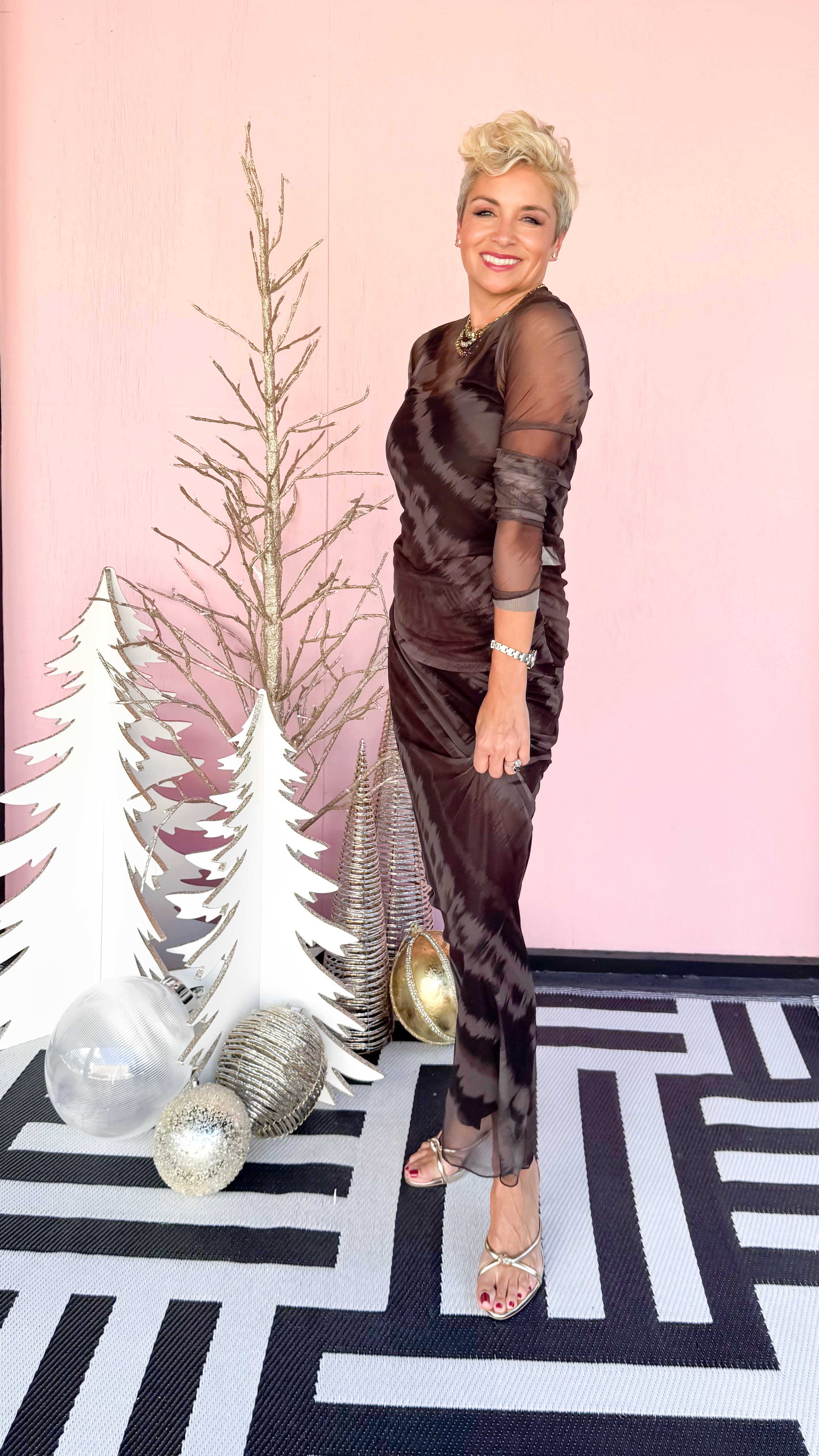 Diagonal Mesh Maxi Skirt/Brown