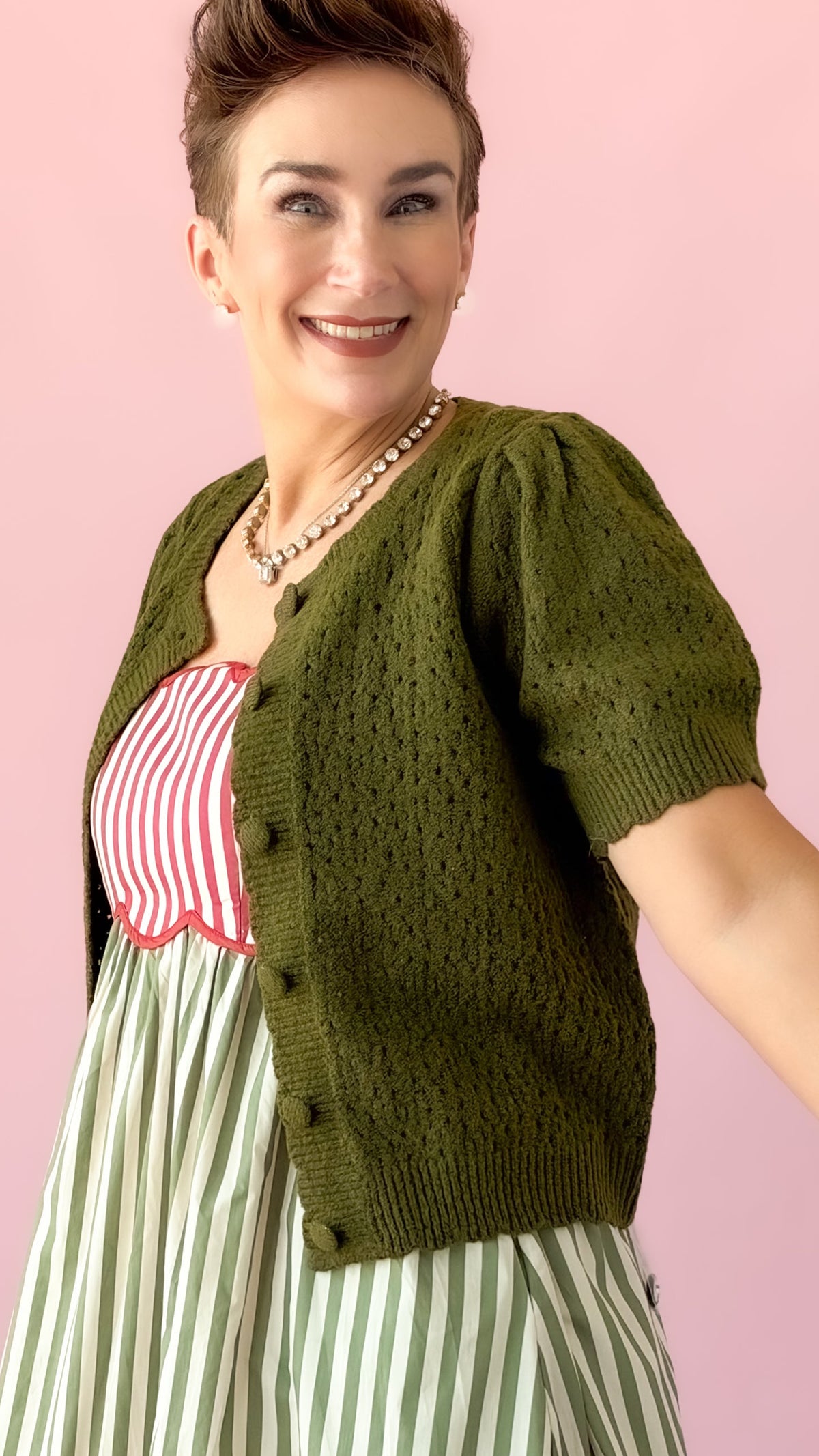 Scallop Edge Cardigan/Olive