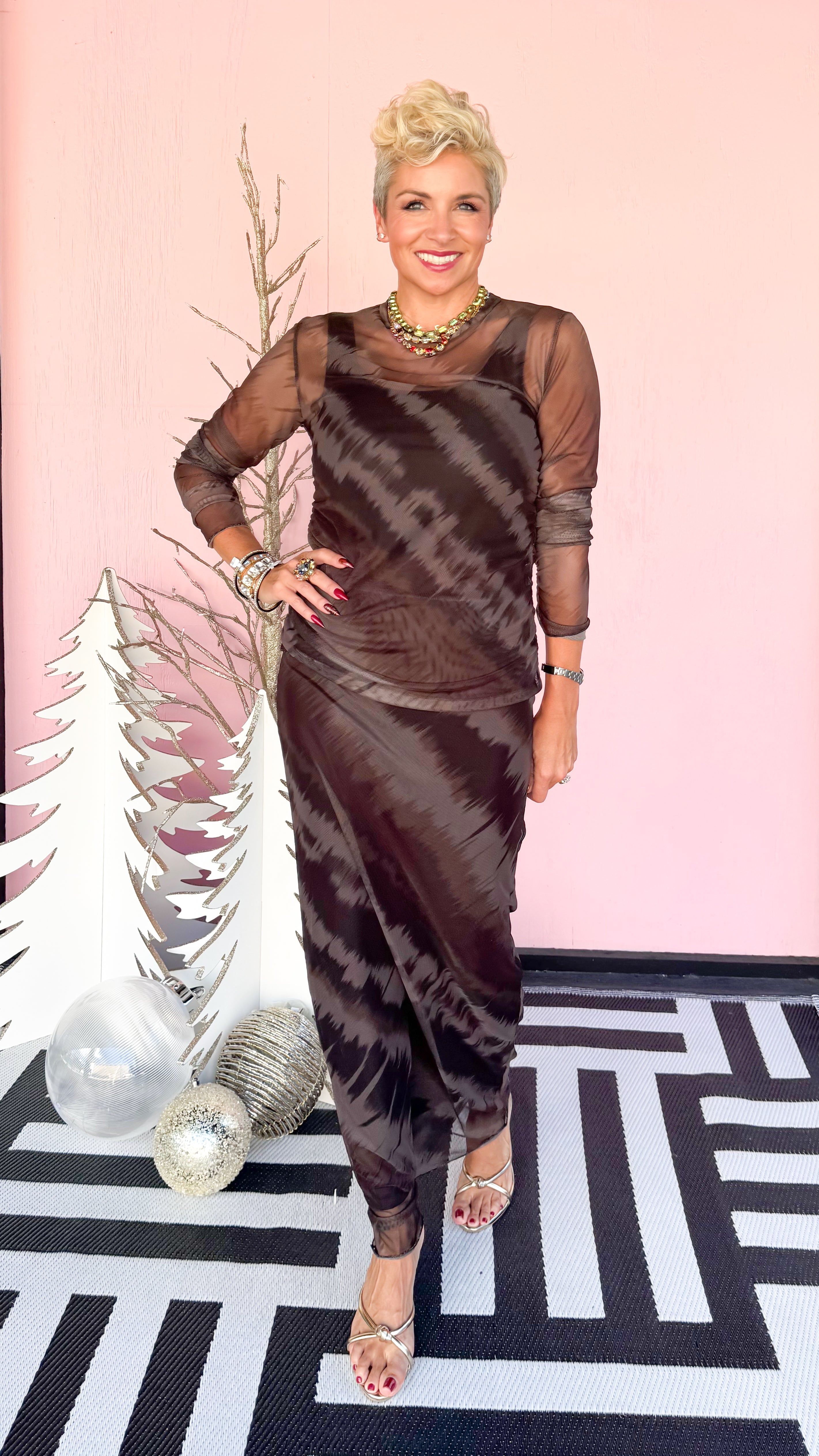 Diagonal Mesh Maxi Skirt/Brown