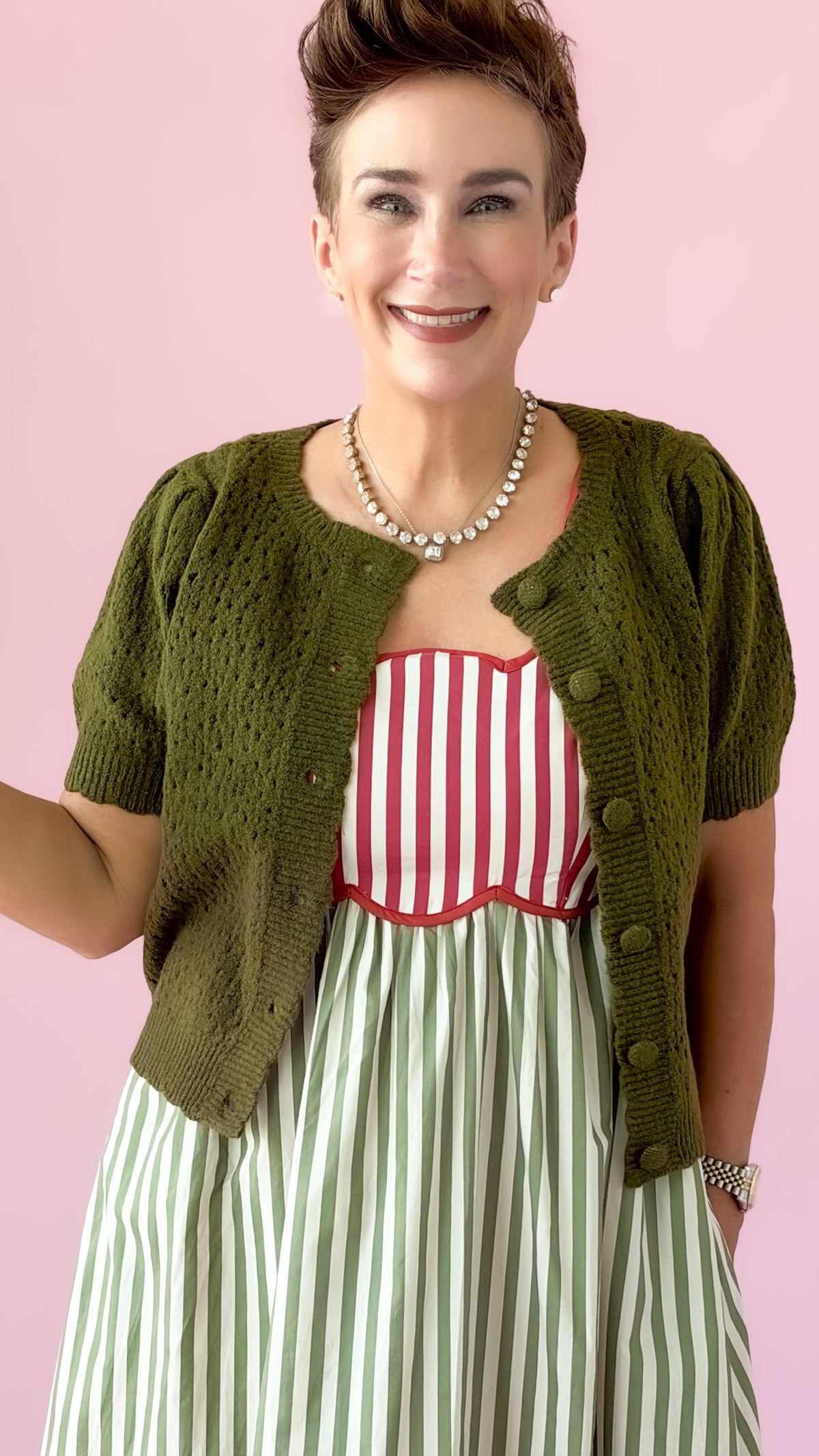 Scallop Edge Cardigan/Olive