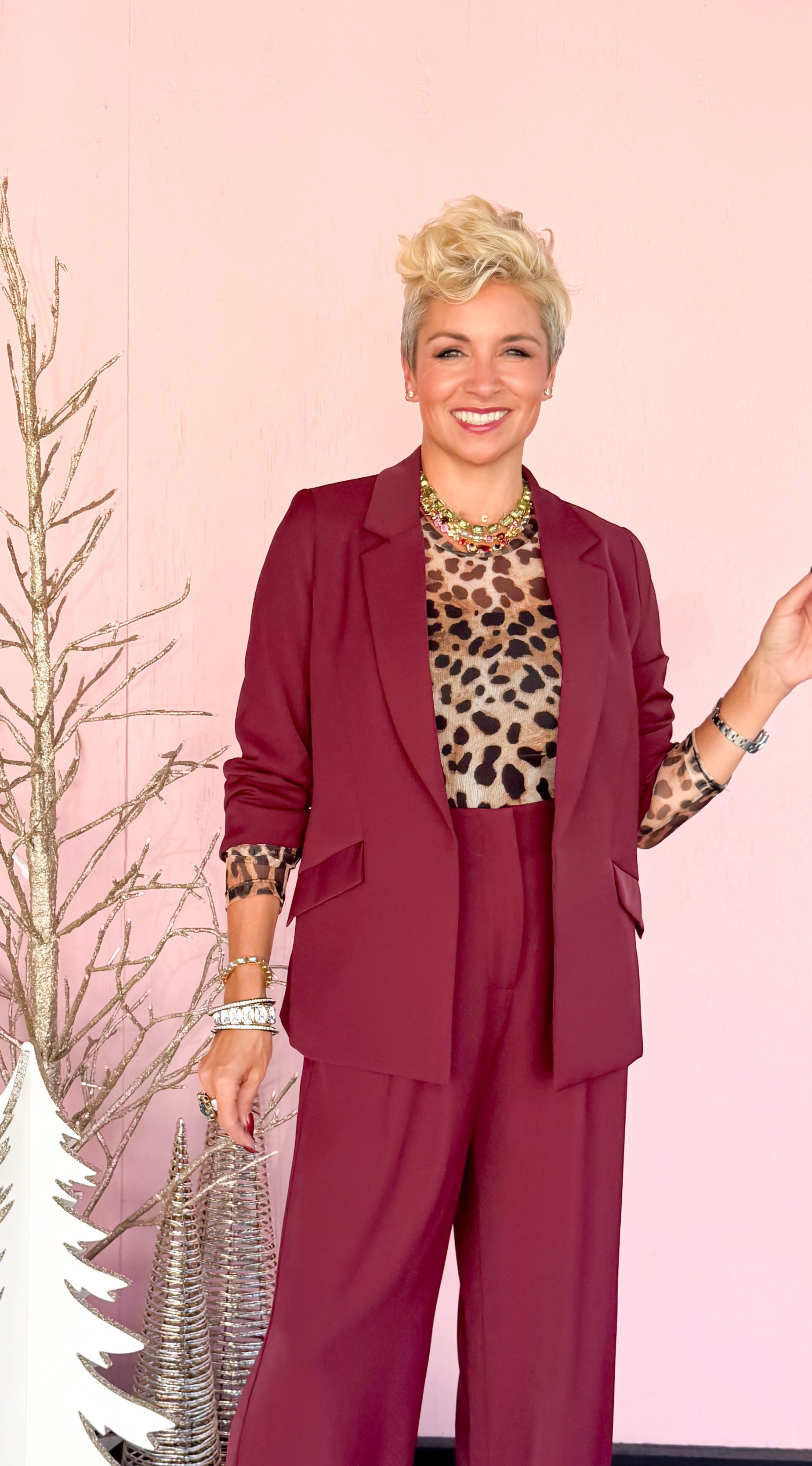 Shirred Sleeve Blazer/Burgundy
