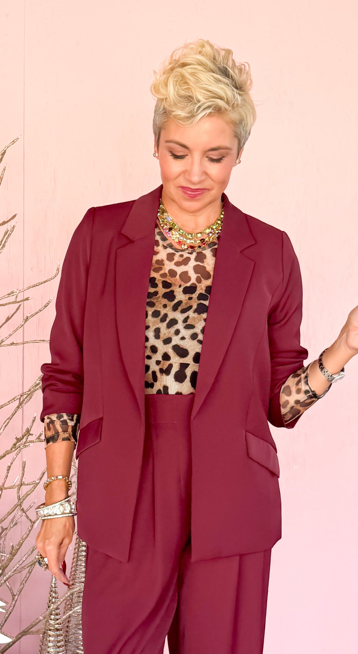 Shirred Sleeve Blazer/Burgundy