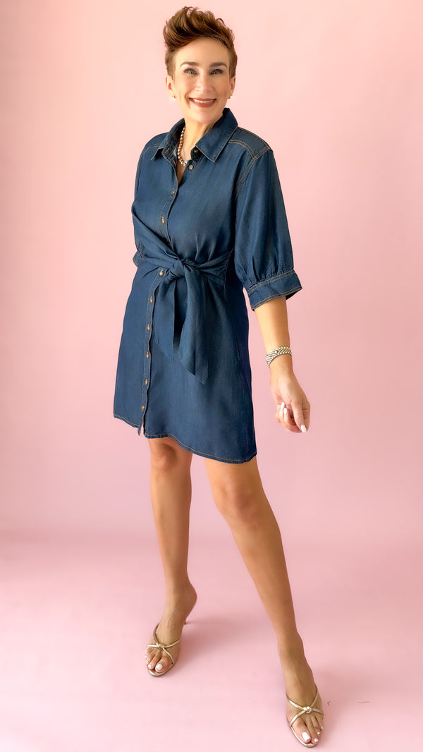 Tie Waist Mini Dress/Denim