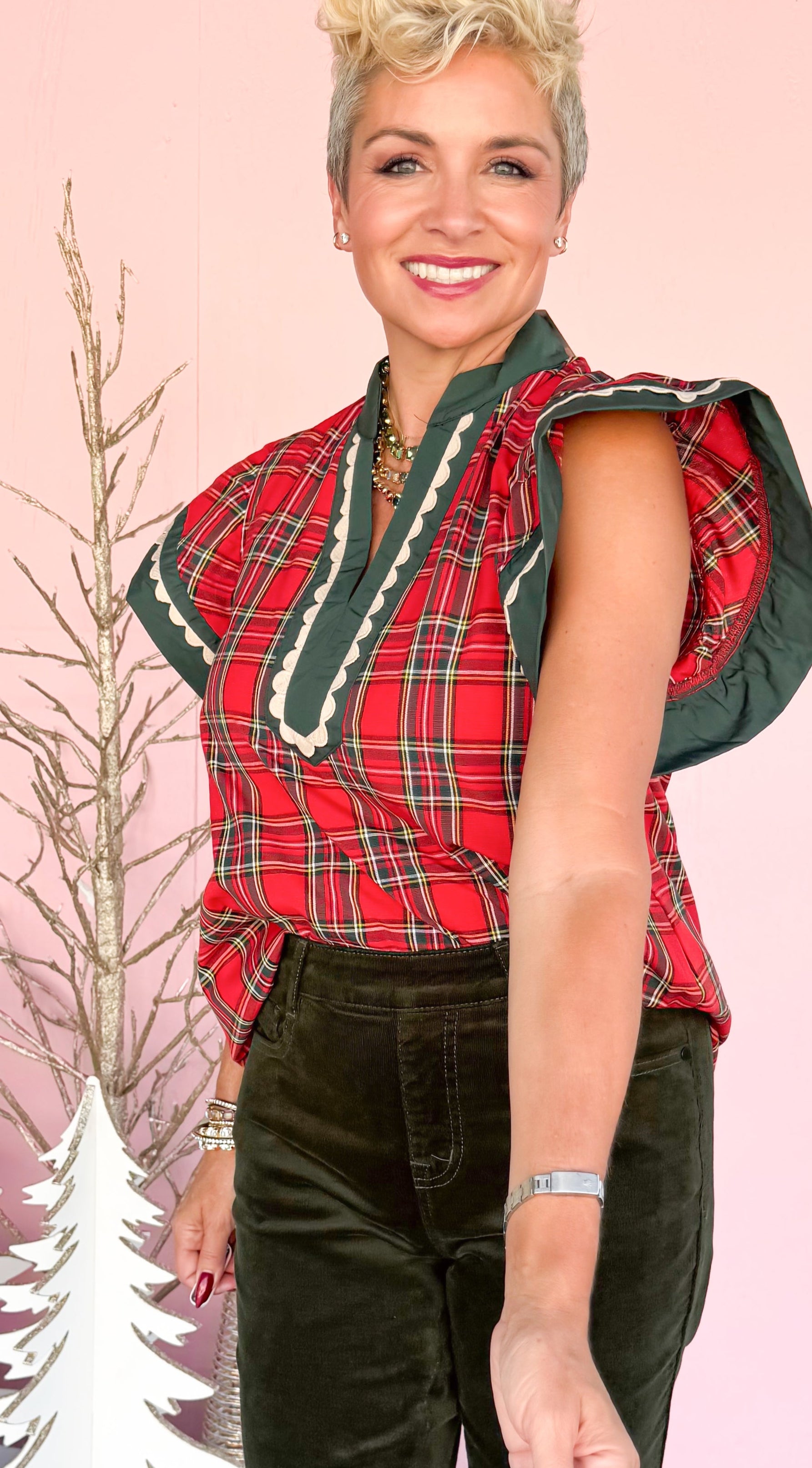 Red Tartan Plaid Top w/ Green Trim