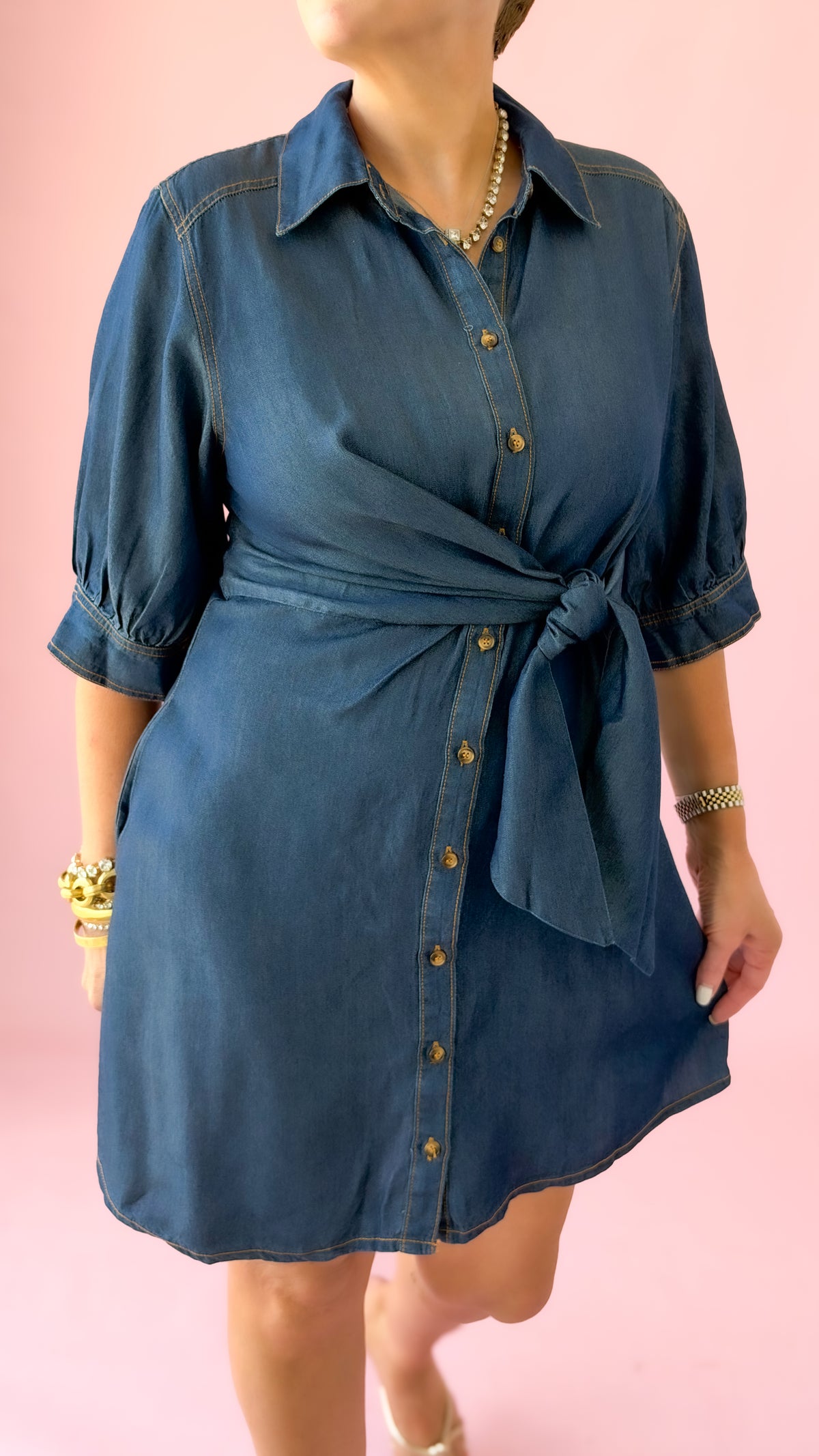 Tie Waist Mini Dress/Denim
