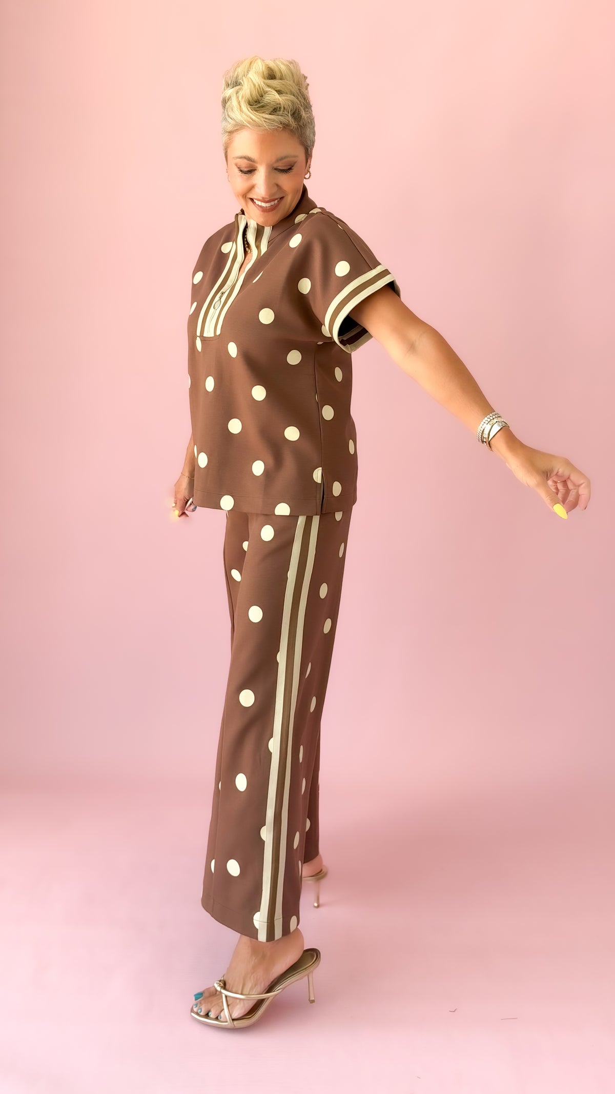 Jenny Striped Dot Top/Brown