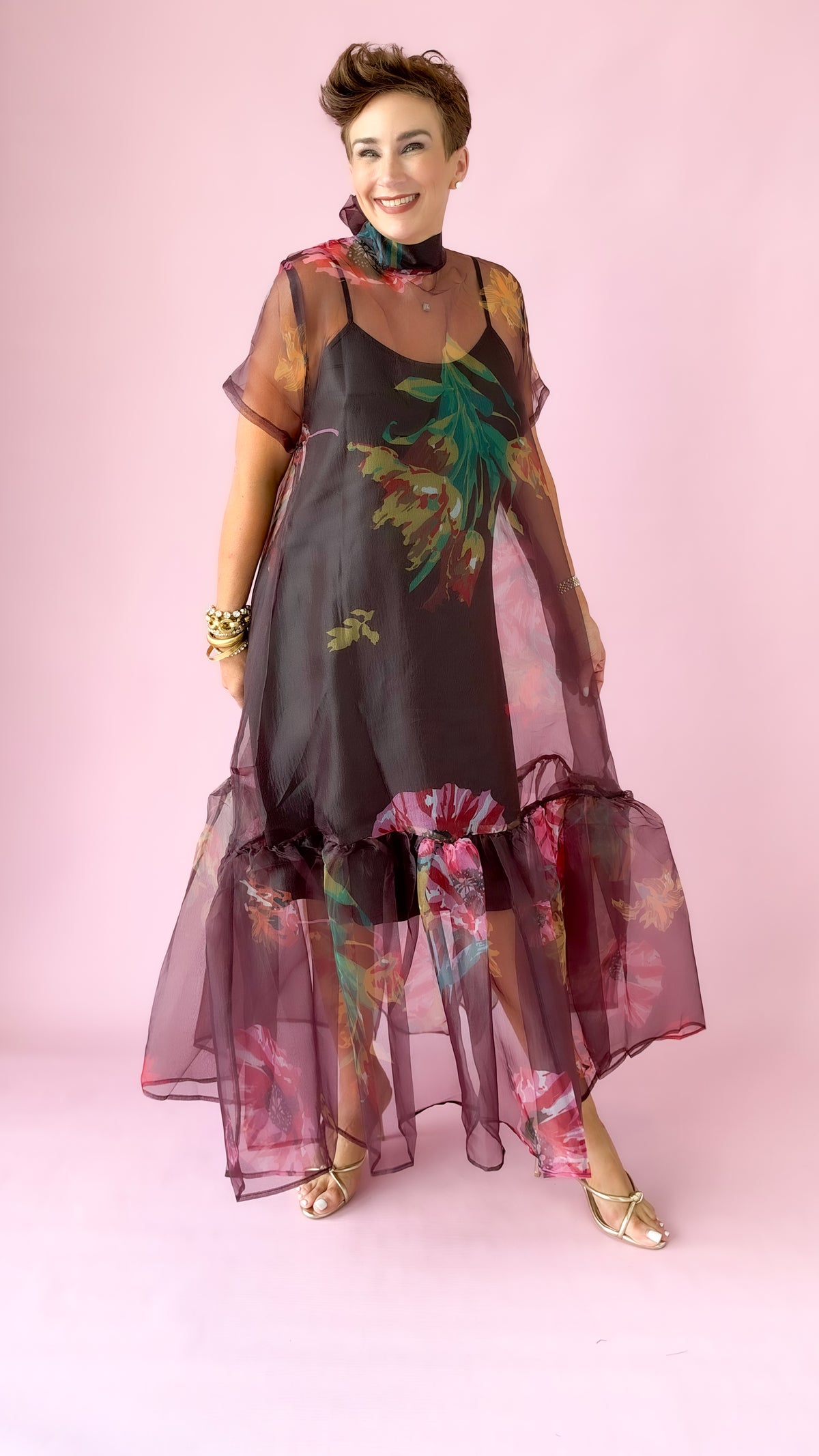 Sheer Floral Midi Dress/Wine