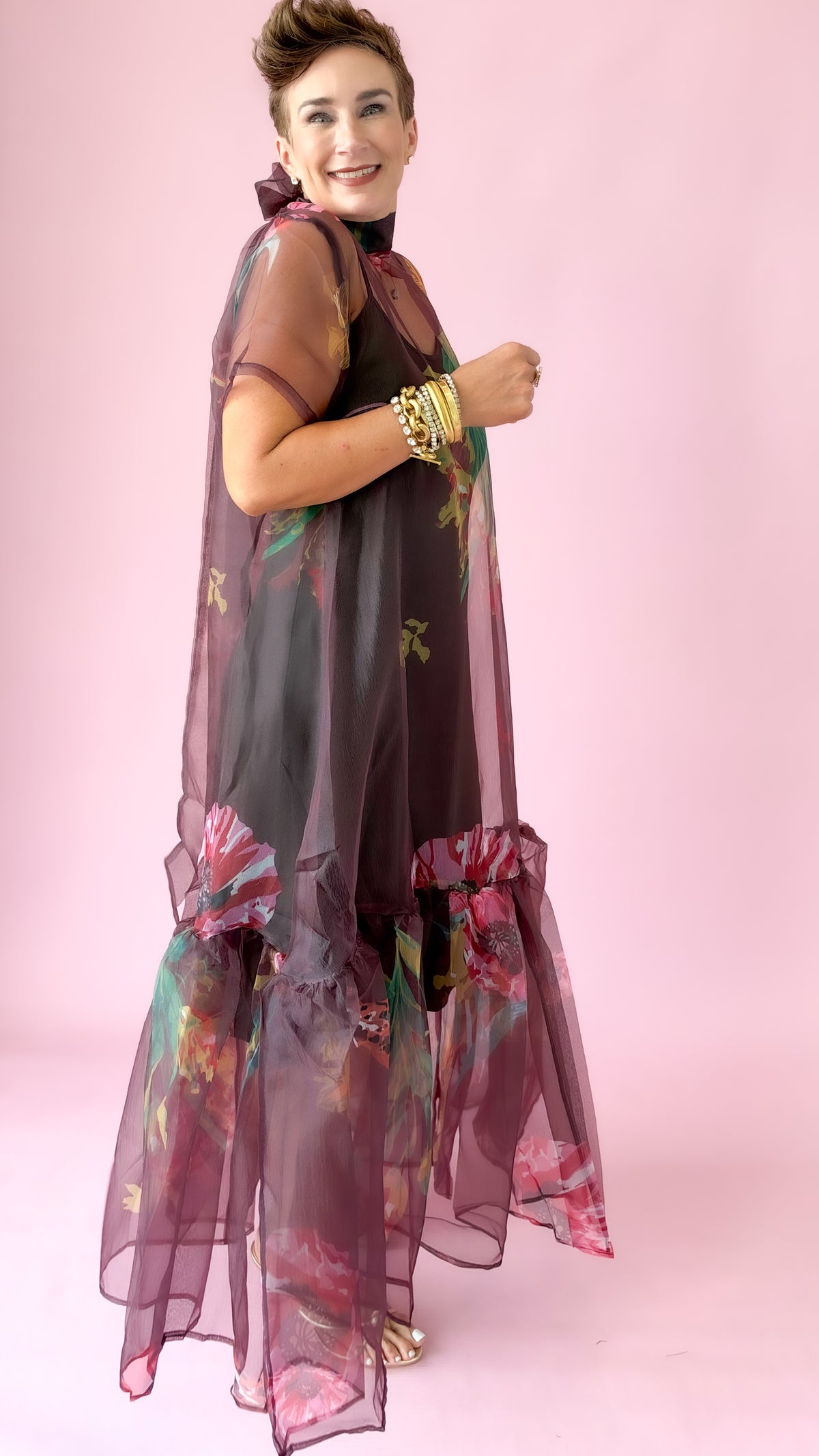 Sheer Floral Midi Dress/Wine