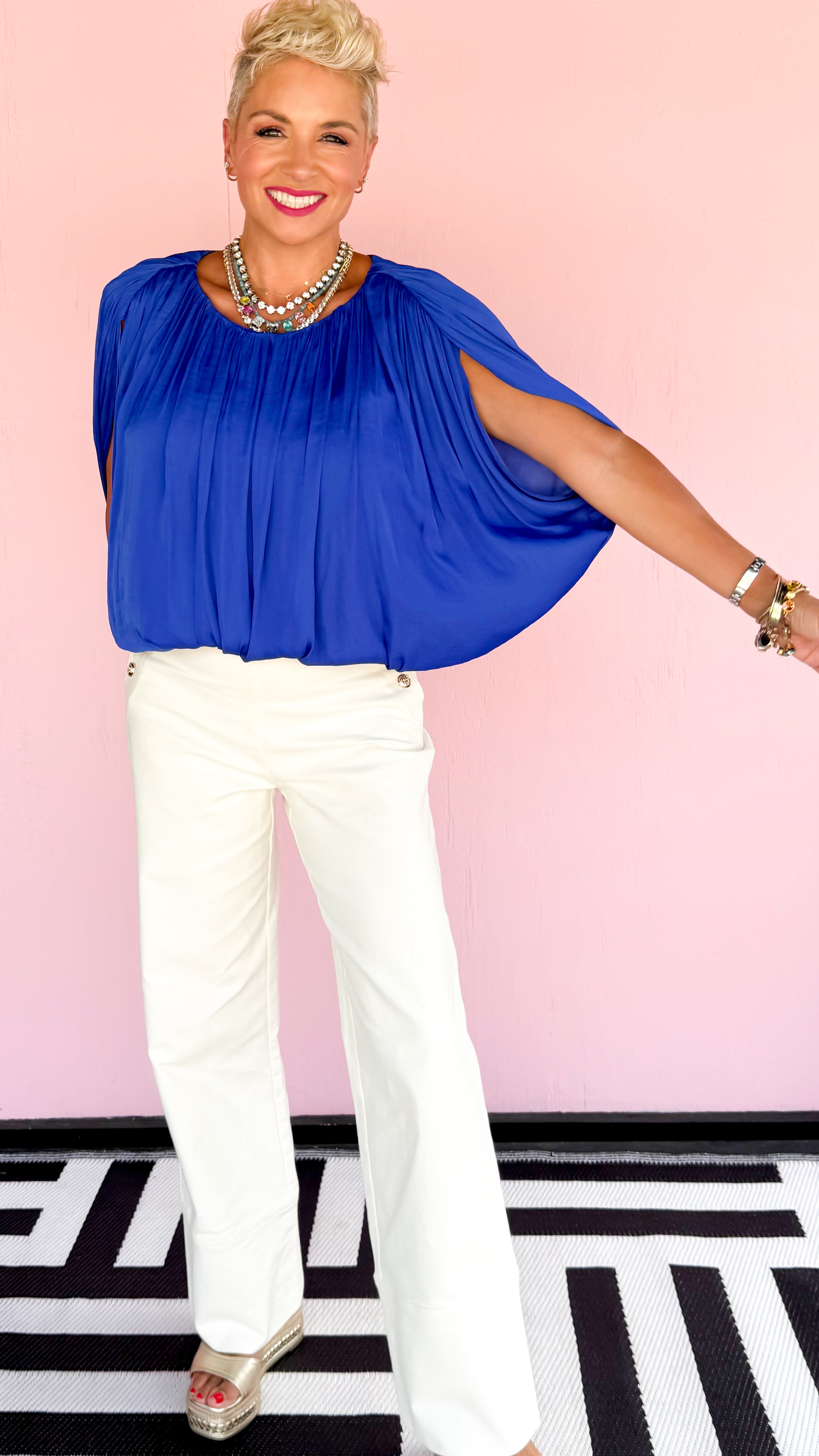 Grecian drape bubble top in Capri blue