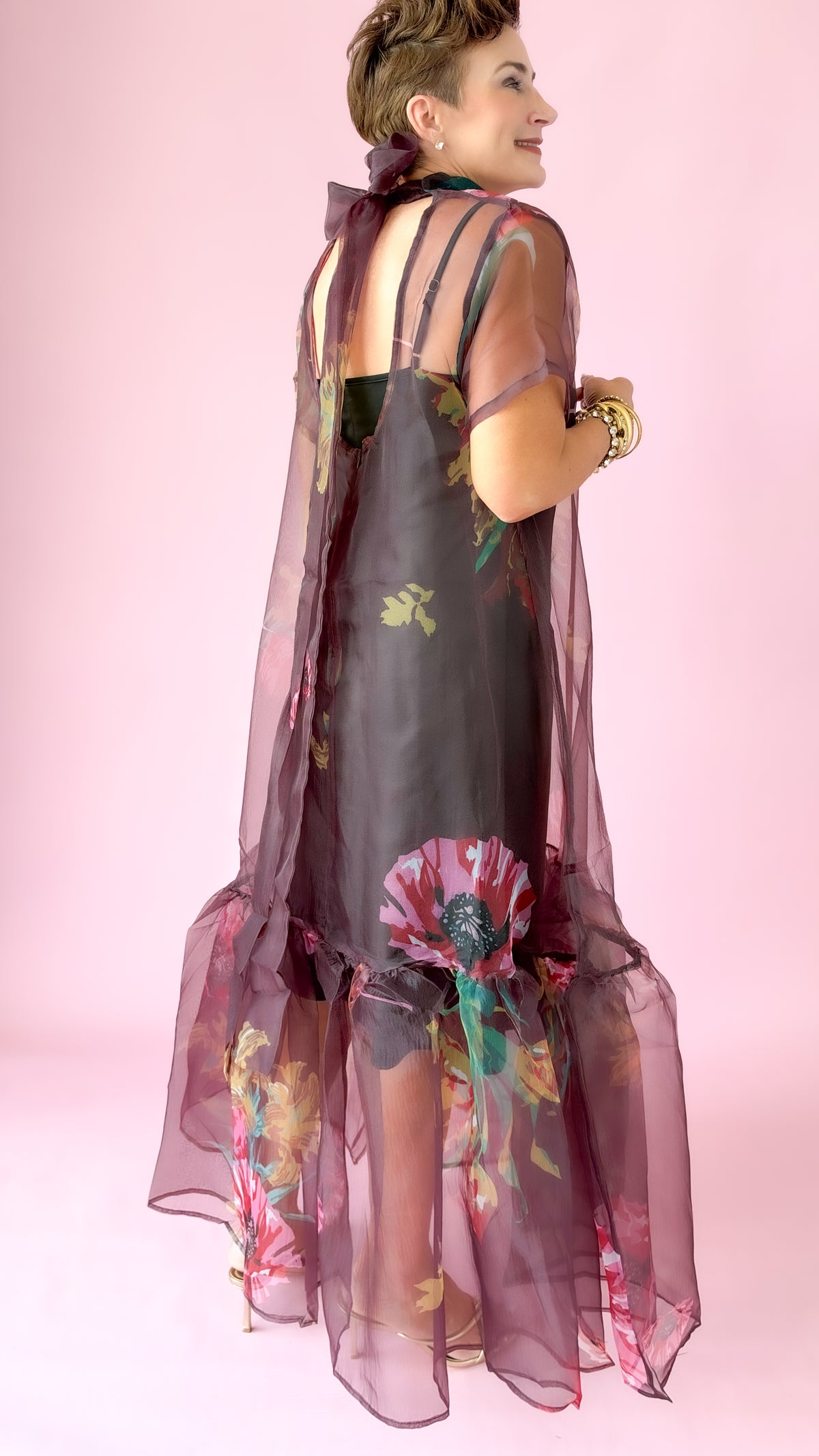 Sheer Floral Midi Dress/Wine