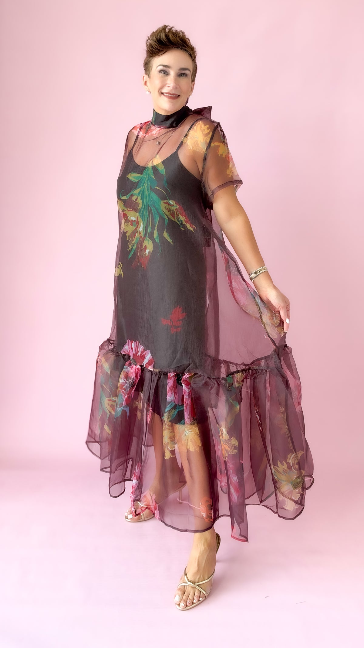Sheer Floral Midi Dress/Wine