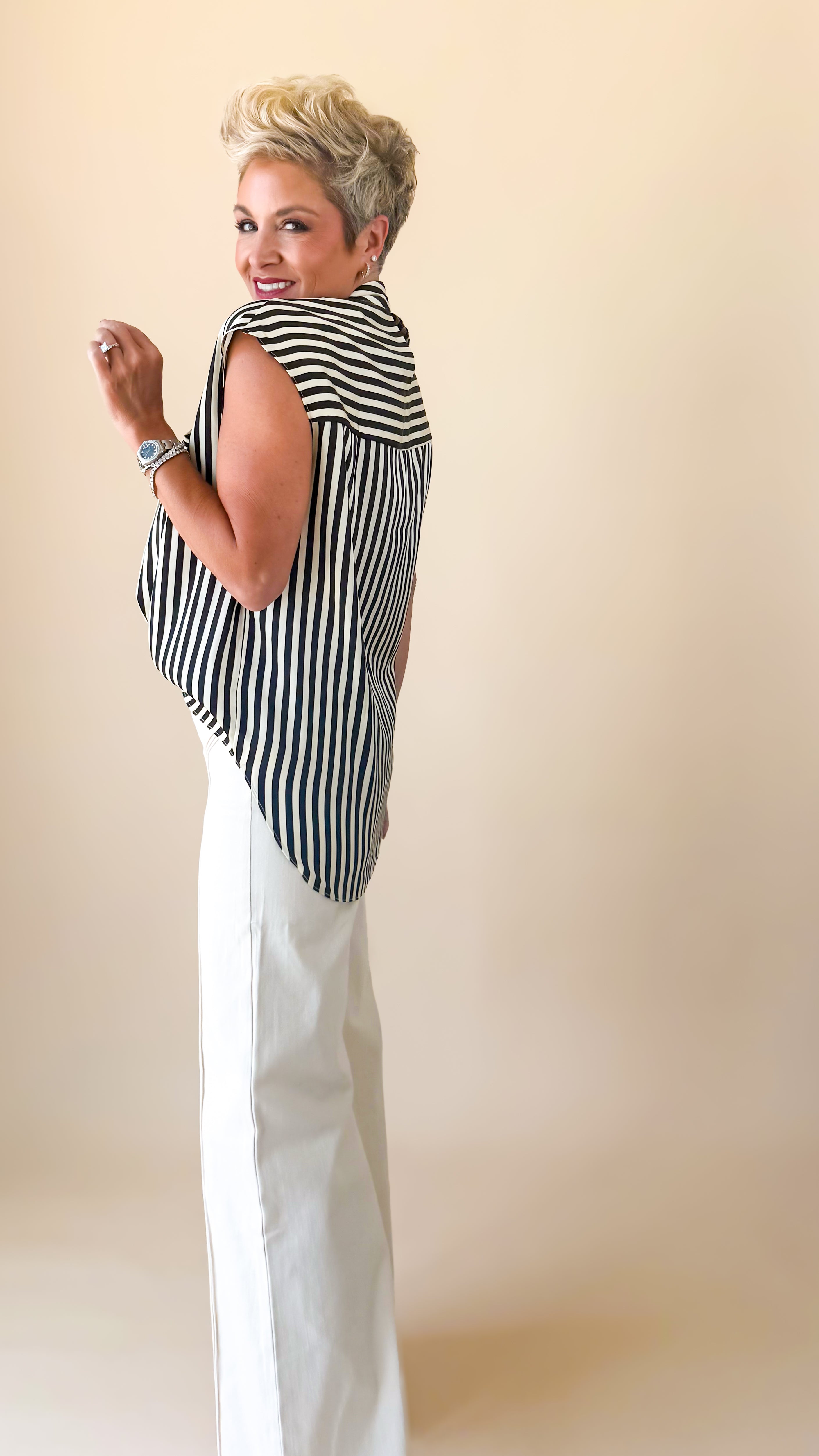 Satin Striped Tie Top/Black