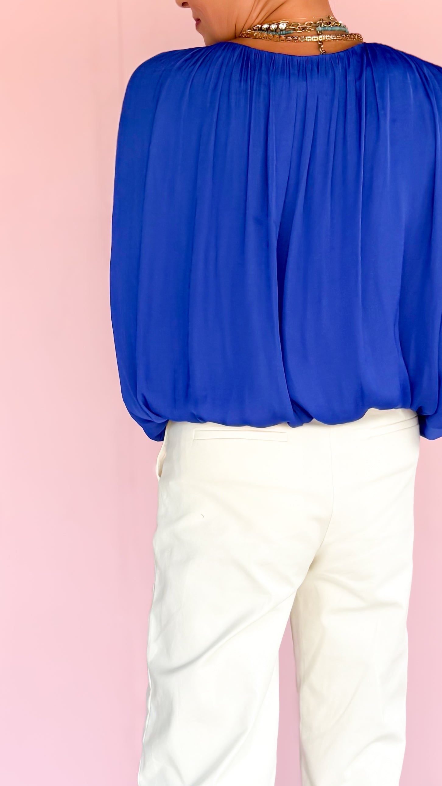 Grecian drape bubble top in Capri blue