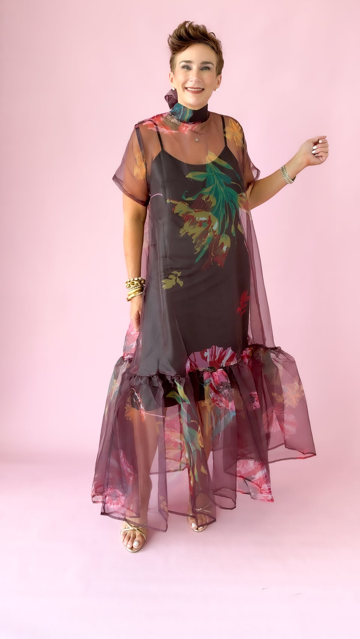 Sheer Floral Midi Dress/Wine