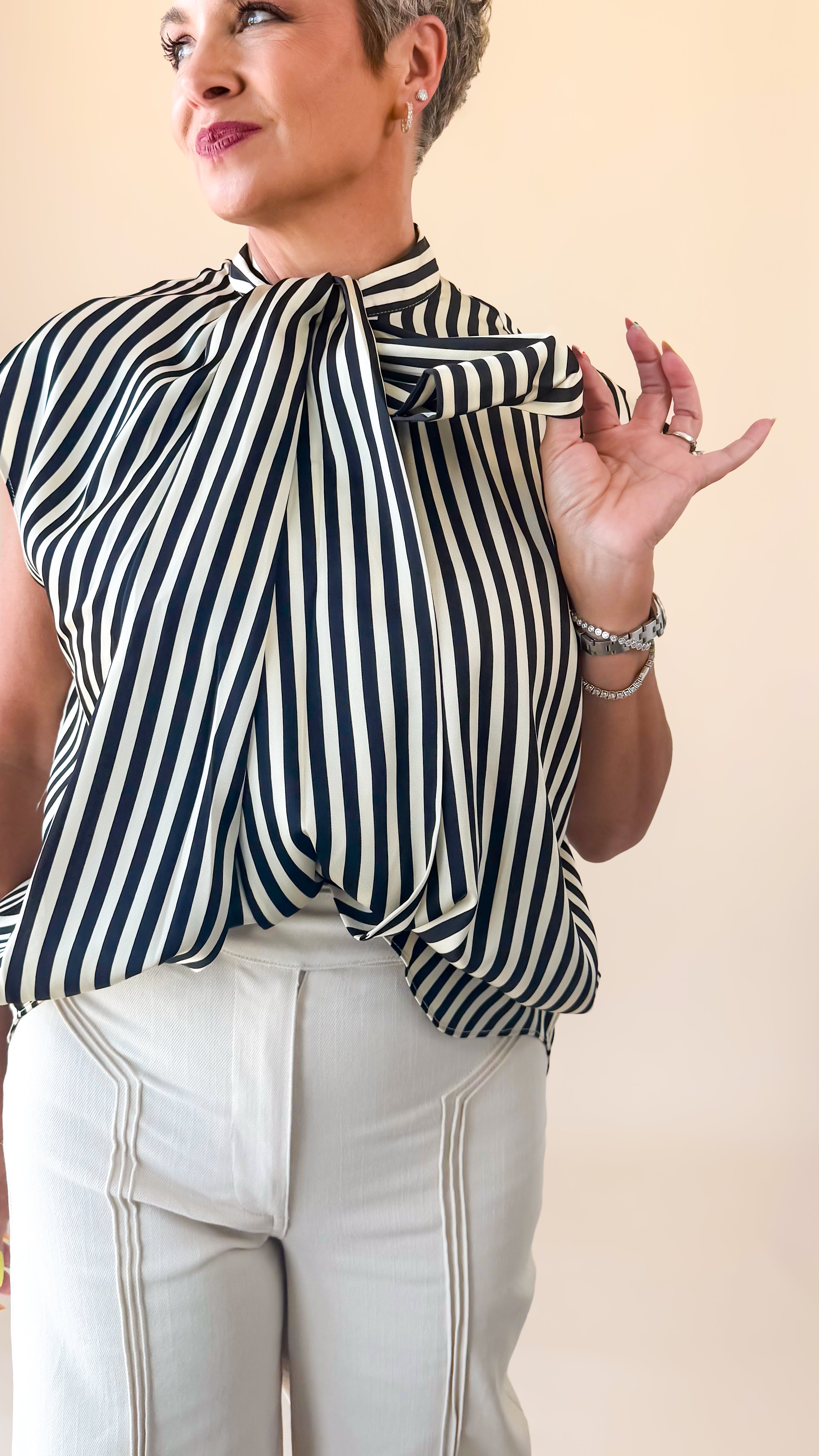 Satin Striped Tie Top/Black