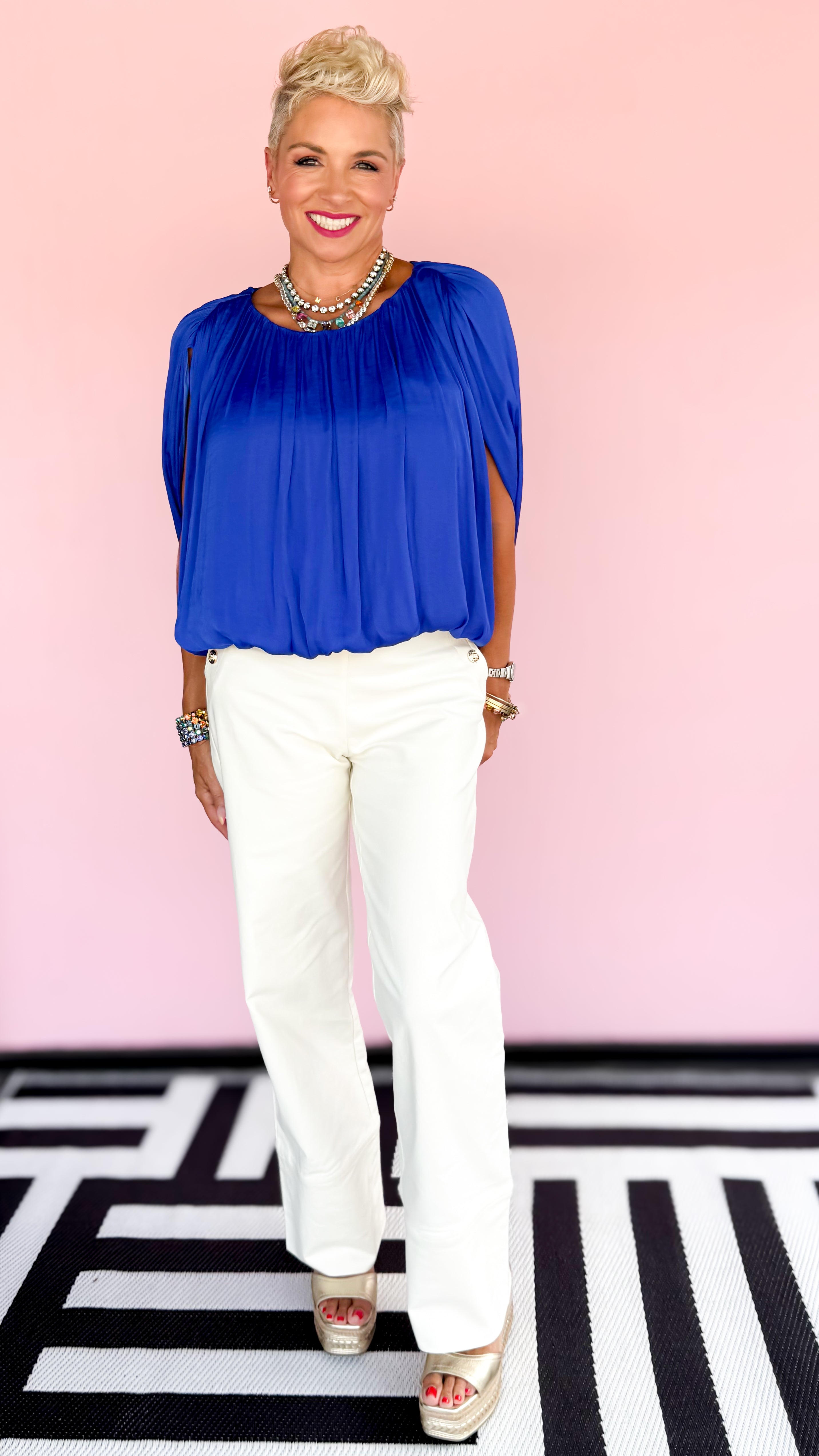 Grecian drape bubble top in Capri blue