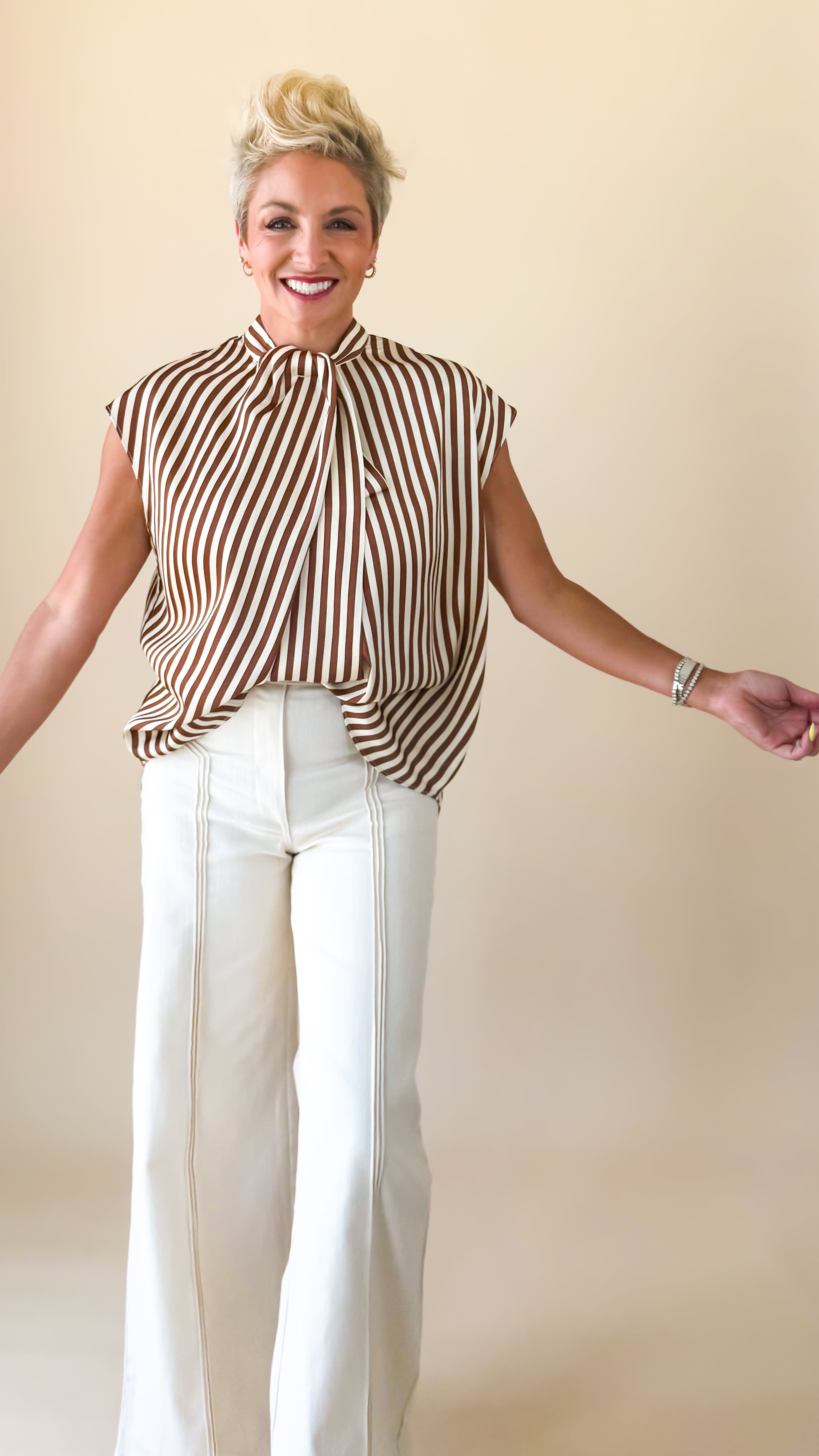 Satin Striped Tie Top/Mocha