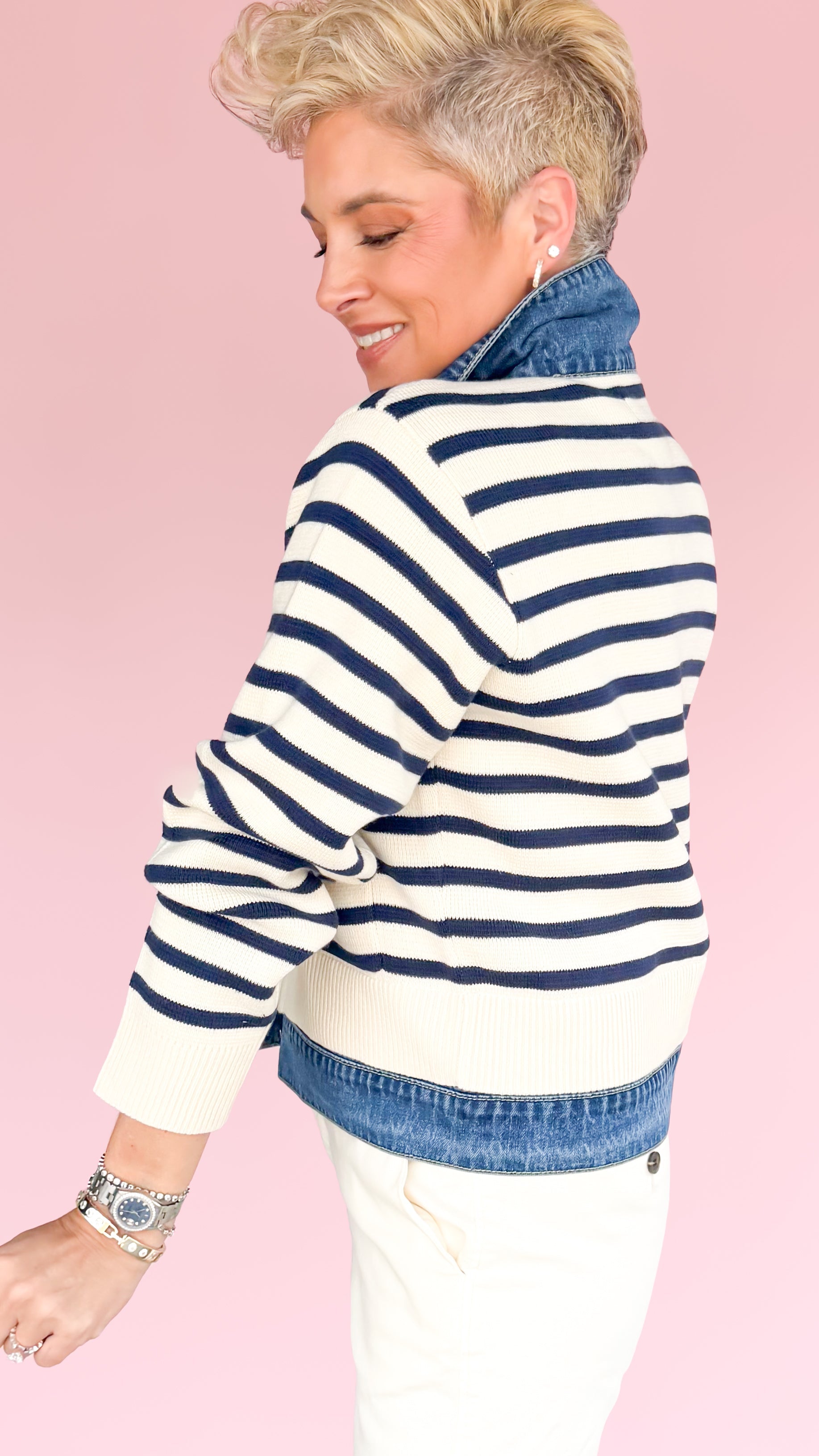 Striped Mixed Media Sweater Jacket/Blue - The BLVD