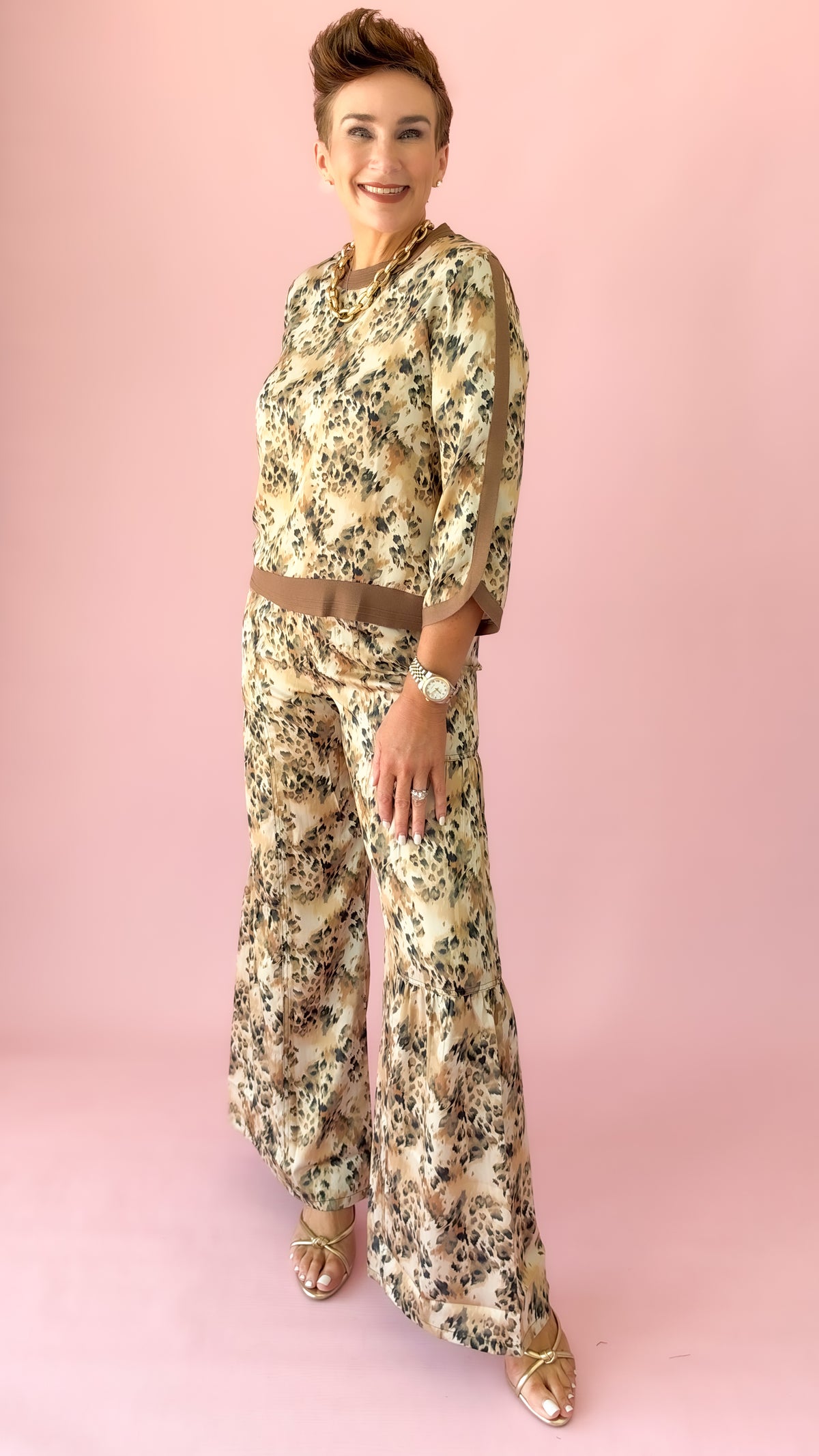 Satin Leopard Palazzo Pants/Ecru