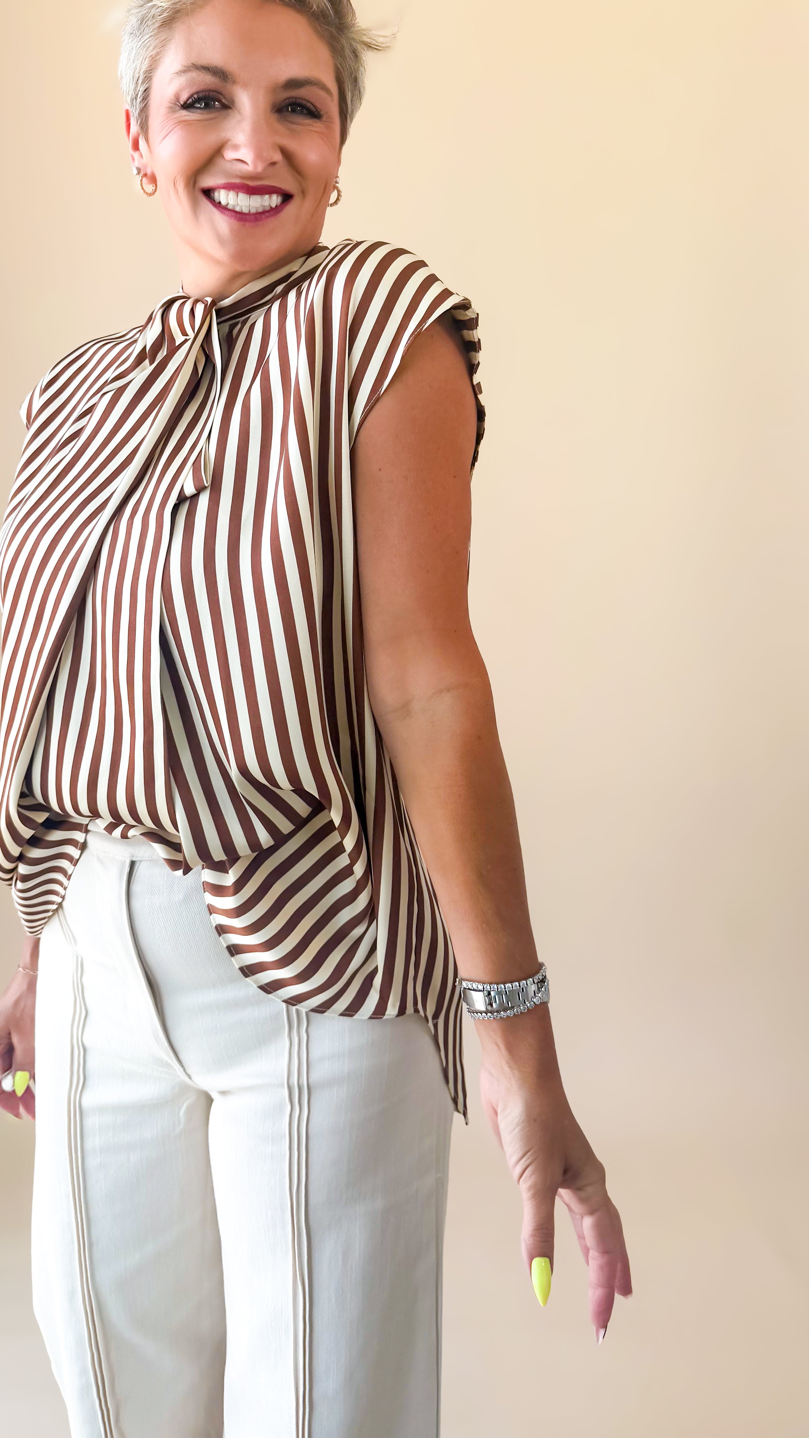 Satin Striped Tie Top/Mocha