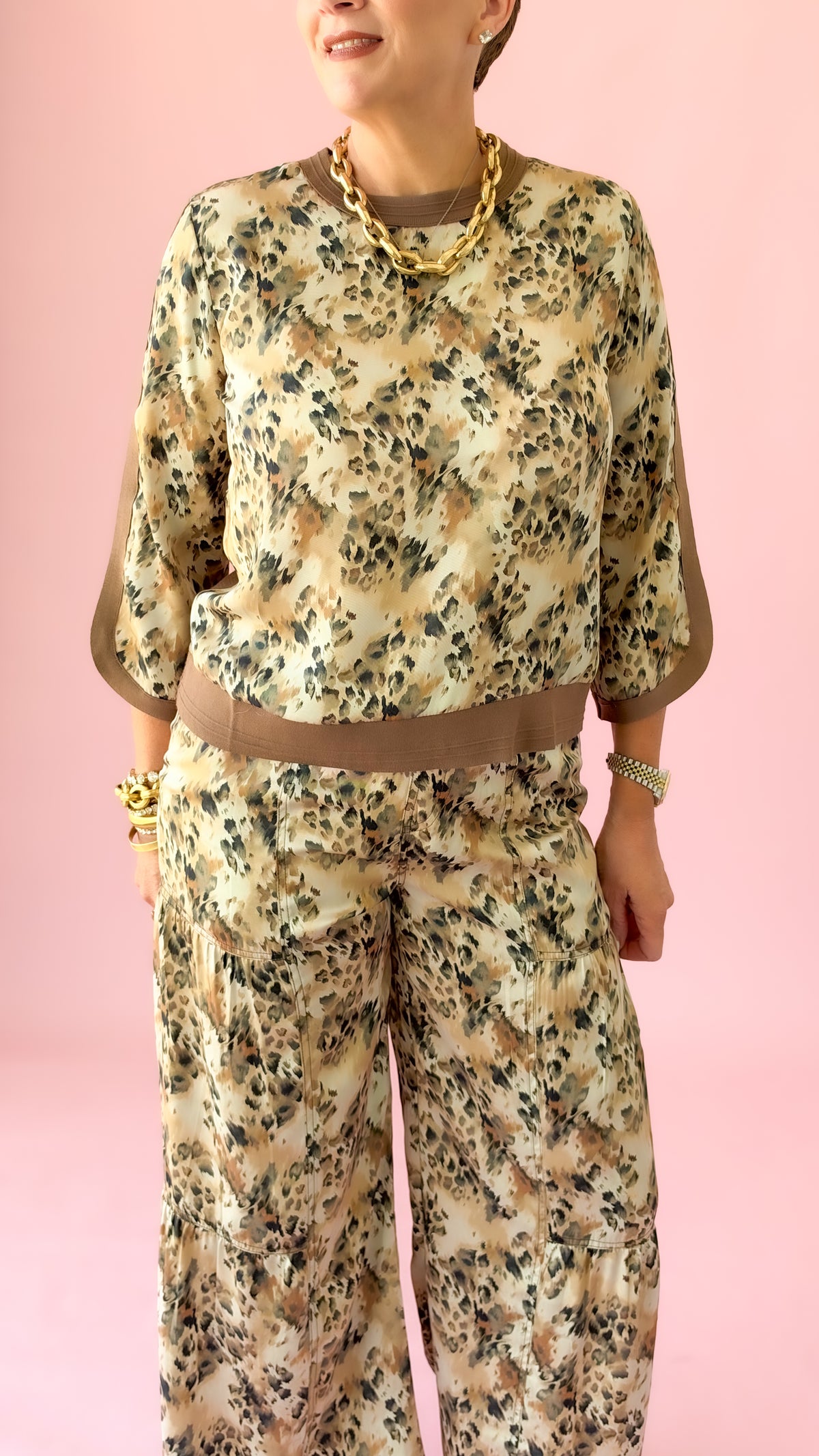 Satin Leopard Palazzo Pants/Ecru