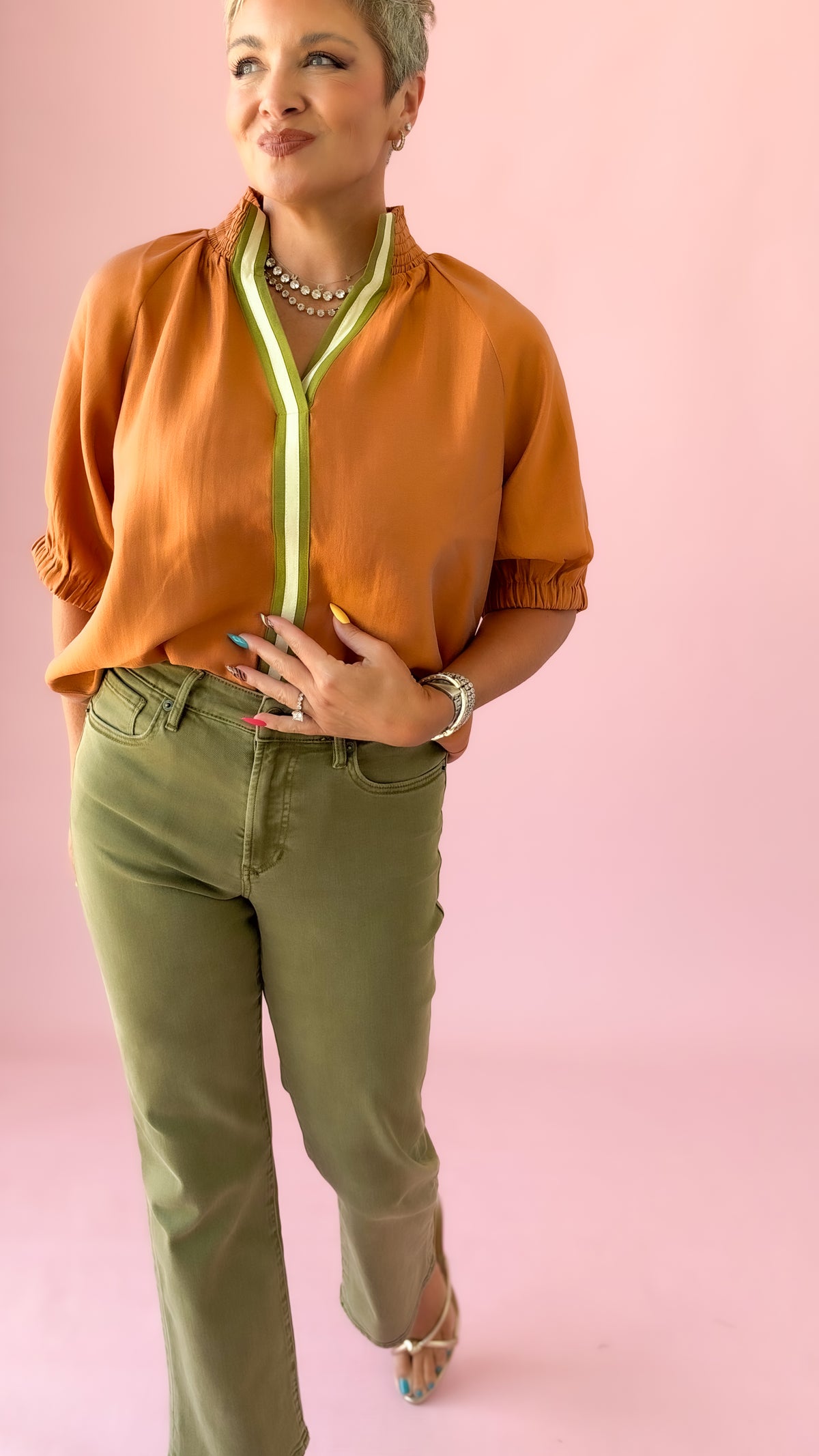 Textured Contrast Band Top/Pumpkin