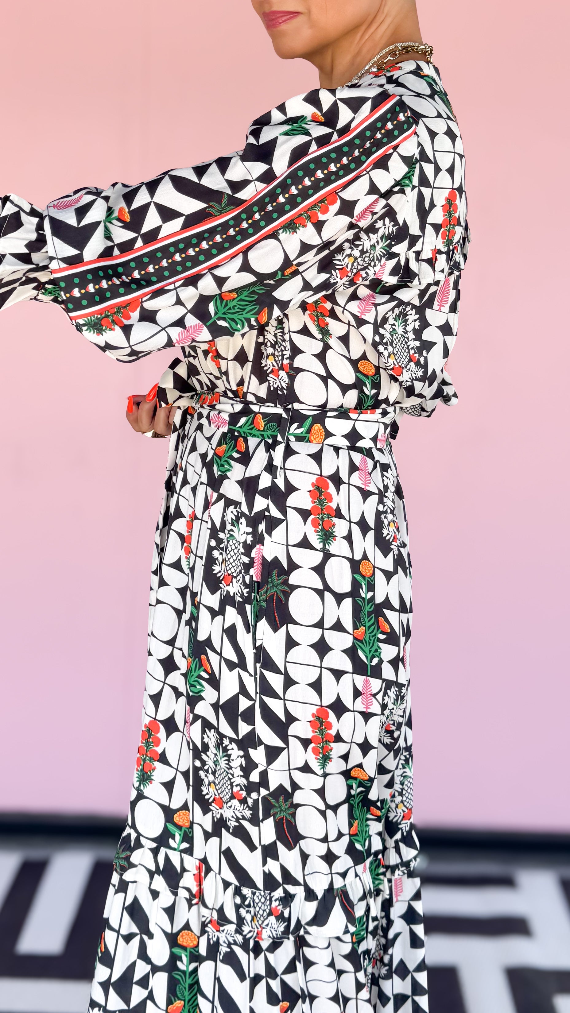 Adela Geometric Printed Midi Dress/Black