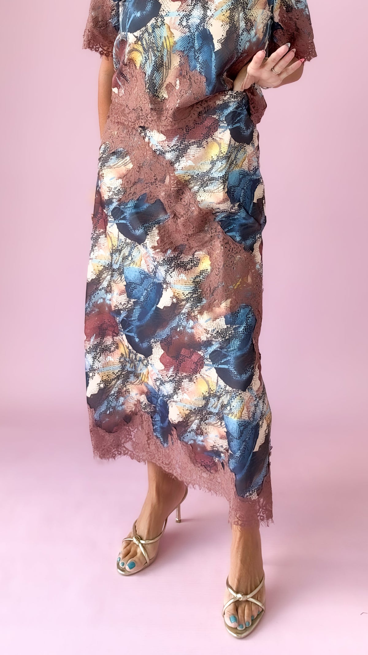 Multi Print Lace Trim Satin Skirt