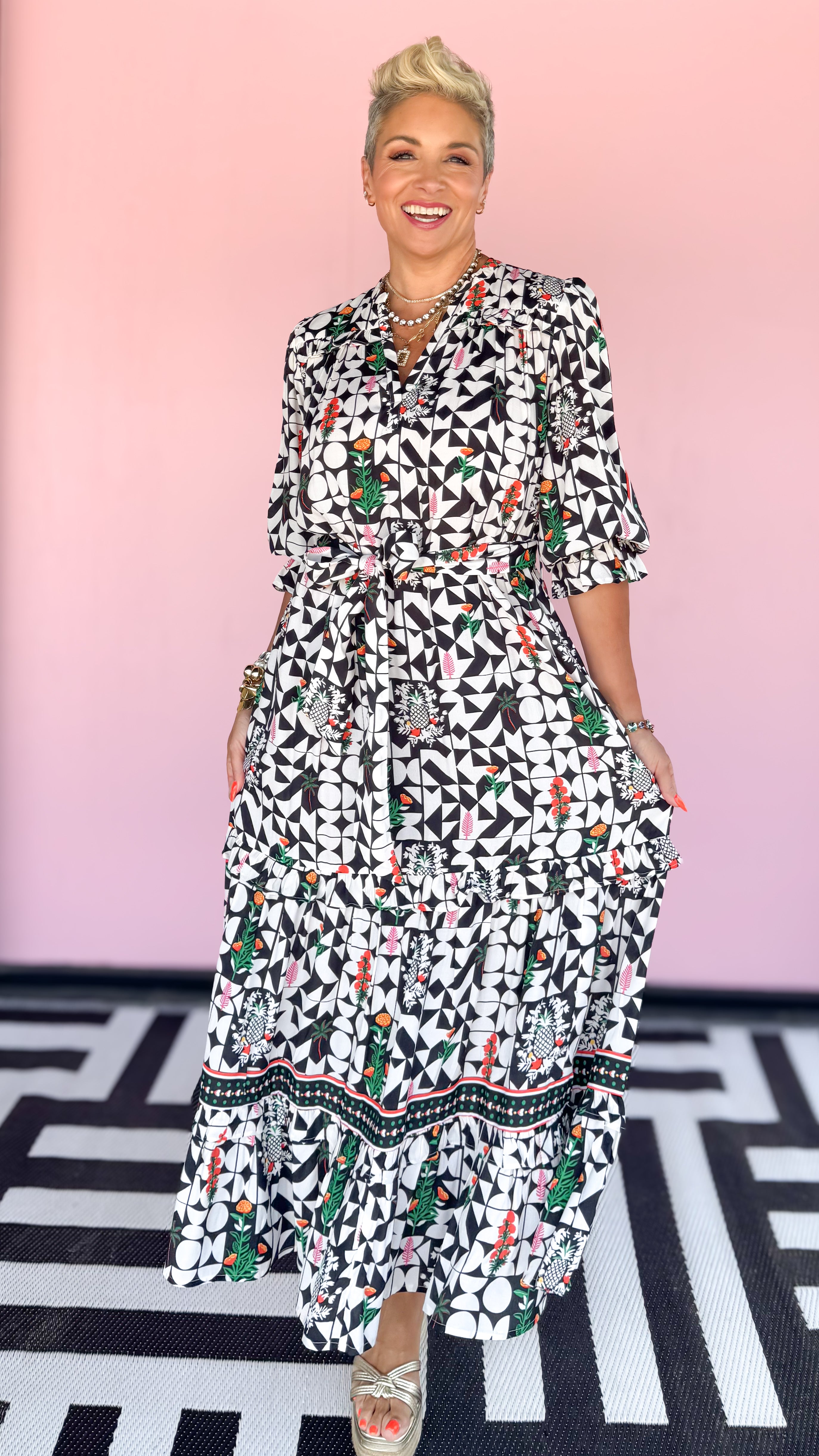 Adela Geometric Printed Midi Dress/Black